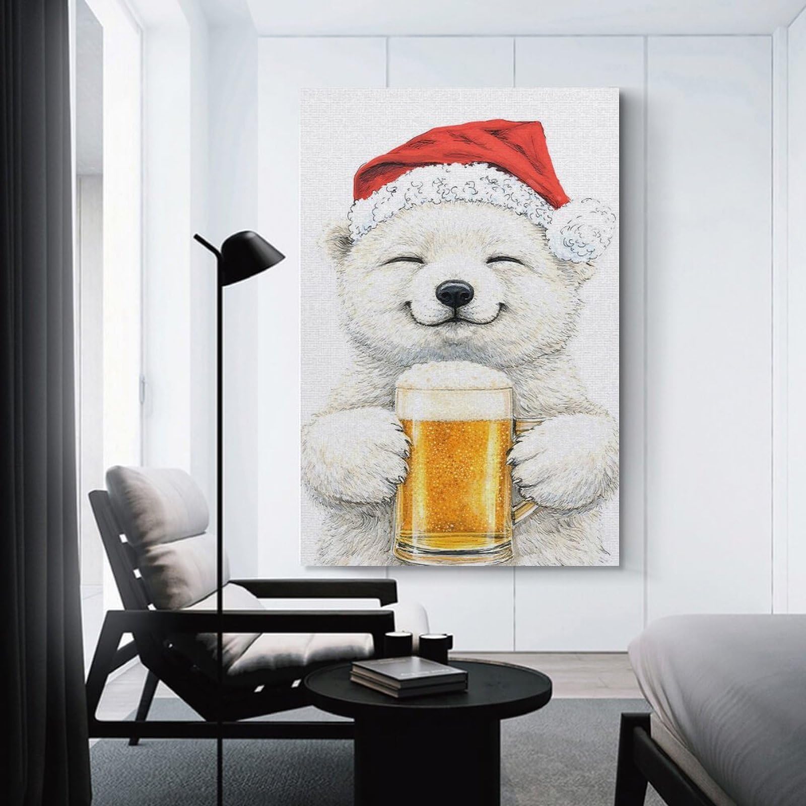 Junmoney Unframe-Style-6-1 Canvas Wall Art Polar Bear With Santa Hat And Beer, 16X24inch(40X60cm), For New Homes, Bedrooms Or Workspaces, Canvas Artwork With Gifting Potential