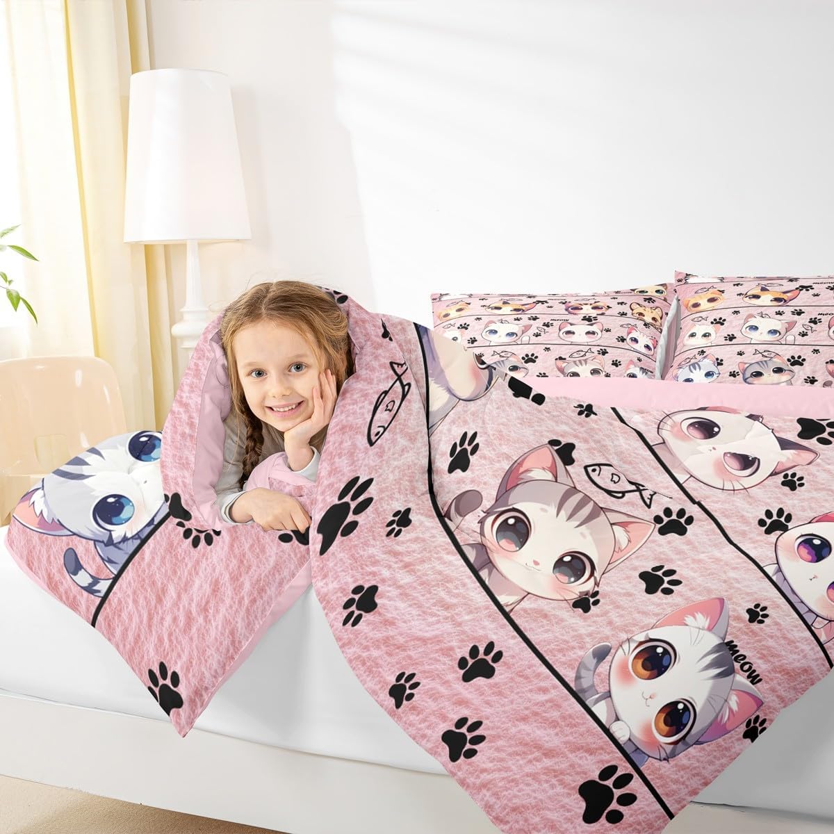 Castle Fairy Cute Cat Comforter Set Toddler Size,Cartoon Animas Light Pink Bedding Set for Kids Teens Bedroom,Cat Kitten Kitty Pet Lover Down Comforter,2 Pcs 1 Pillowcase