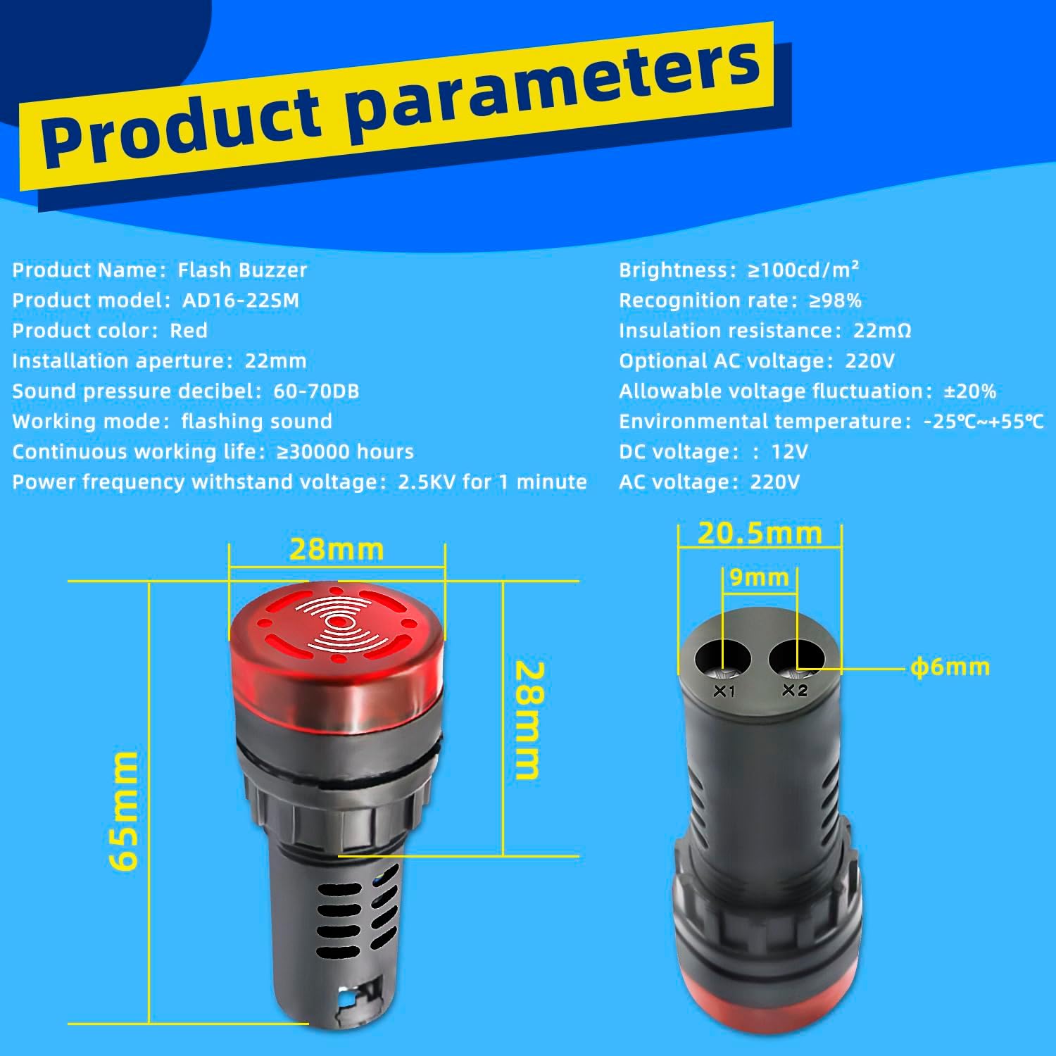 インジケーターライト 12V ブザー、10個 22mm 赤 LDE 点滅ブザー AC/DC 12V 電気制御パネル用アラーム