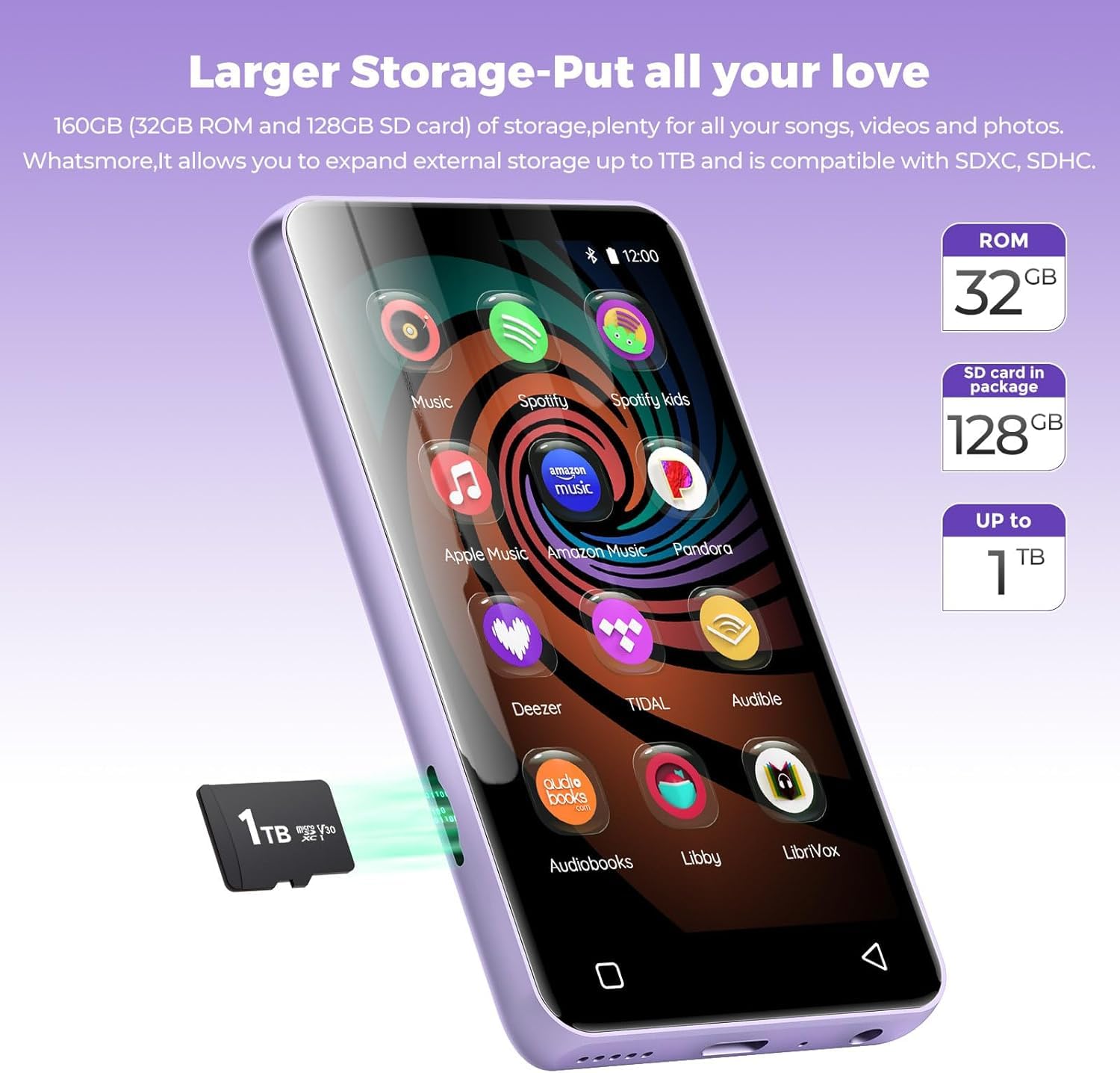 Reproductor de música Android con altavoz, hasta 1 TB (morado puro)