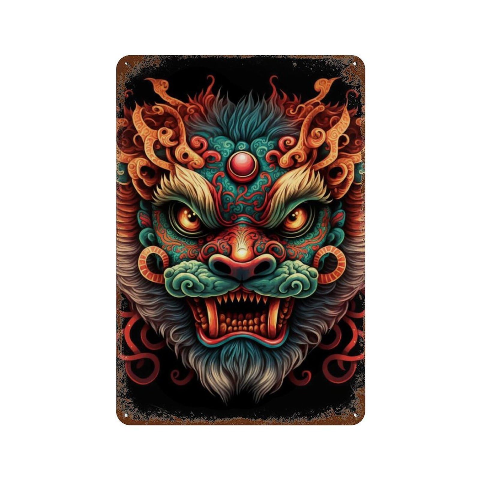 Decorative Tin Sign with Chinese Dragon Mask Art Print Design 11.8"x7.9", for Farmhouse, Kitchen And Entryway Decor, Old School Wall Decor