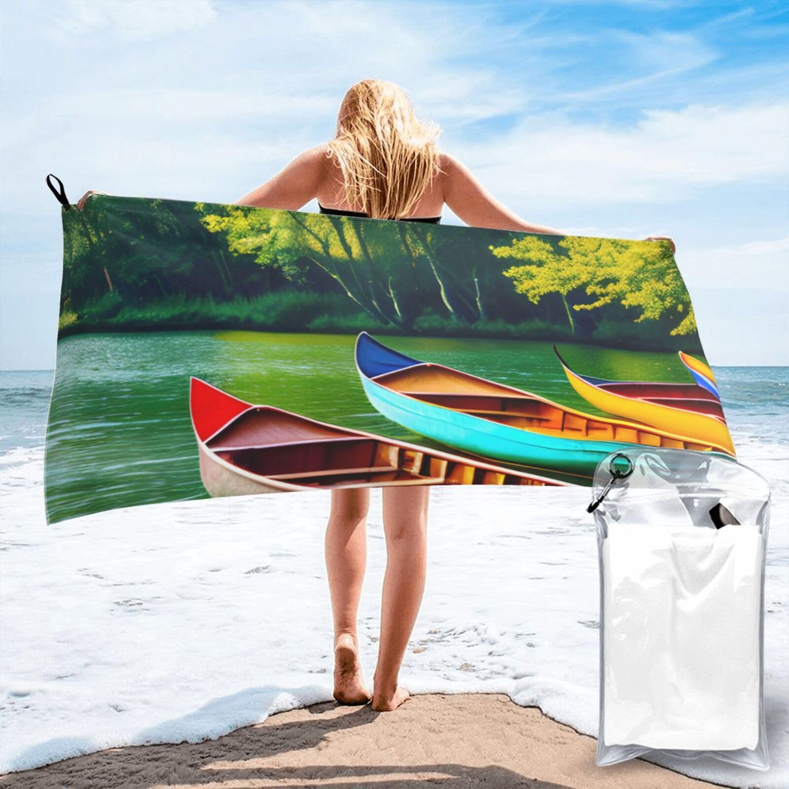 pojknbv Lake With Boats Canoes Park Print Travel Gym Towel For Beach Camping Hiking Yoga Lightweight Reusable Versatility