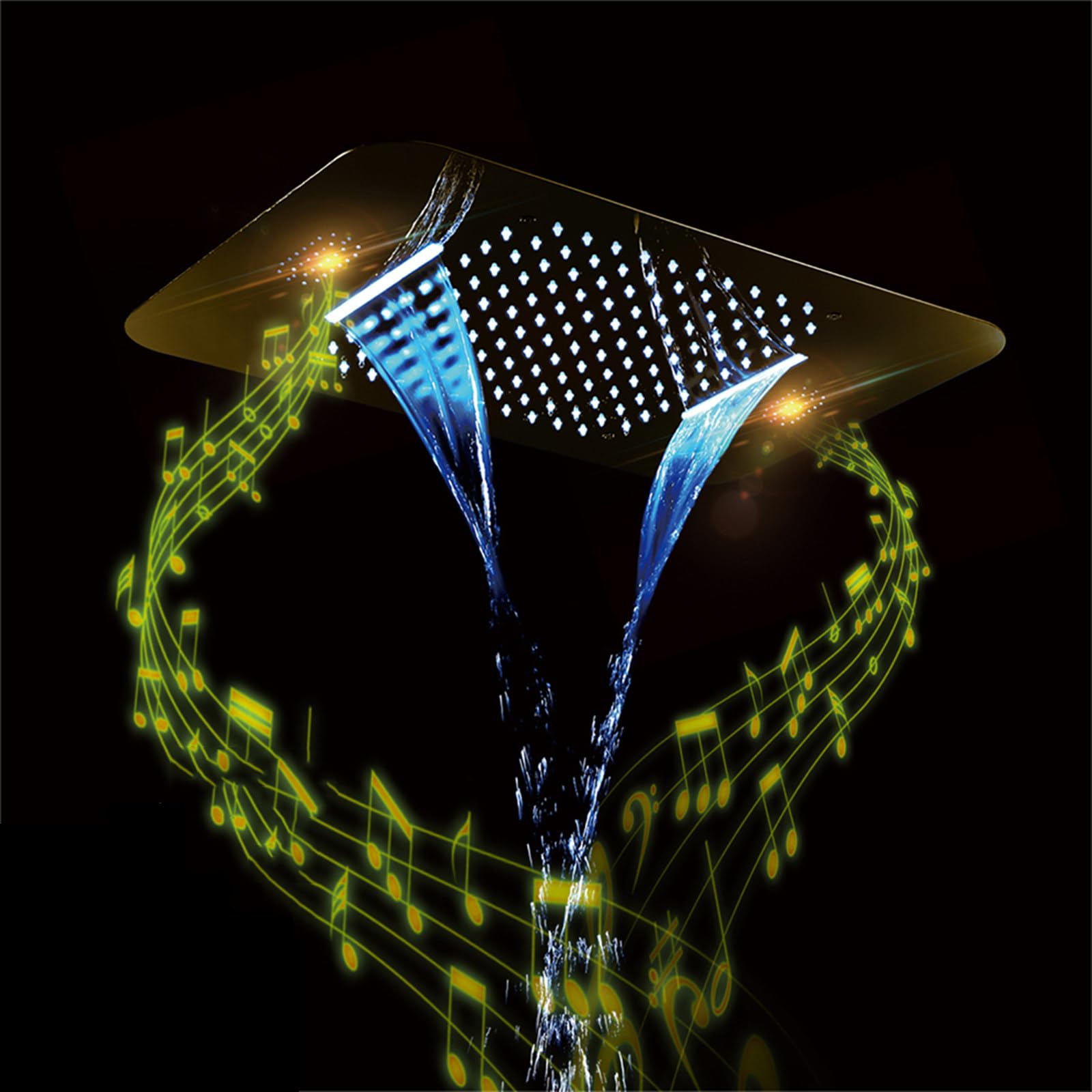 Cabezal De Ducha De Música LED Oro 58X38CM con Modos De Lluvia Y Cascada, Acero Inoxidable 304, Altavoz Bluetooth Integrado, Mando a Distancia De 64 Colores De Luz