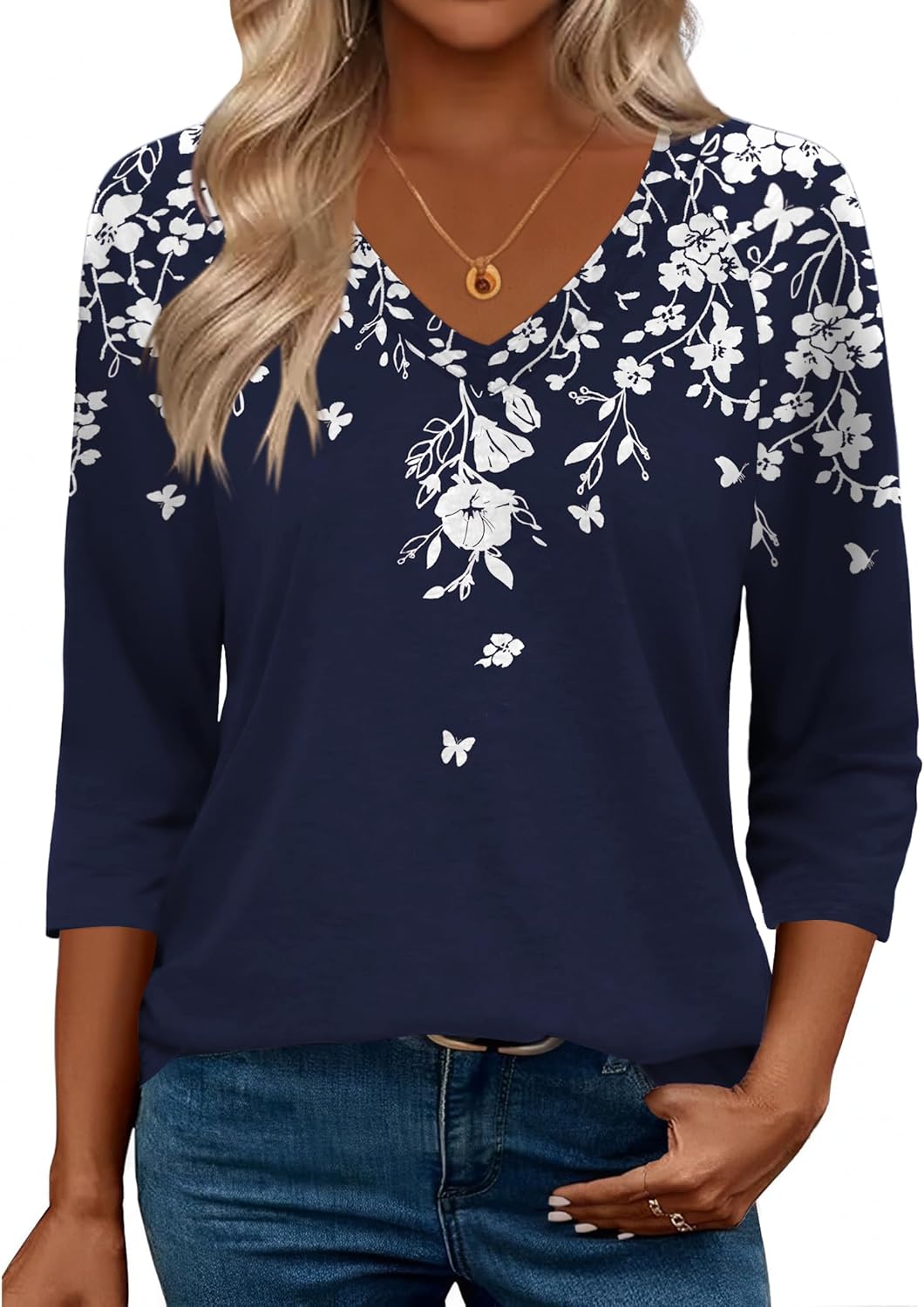Zeagoo 3/4 Length Sleeve Womens Tops Casual V Neck Shirts Soft Basic Tees Business Work Blouses Zeagoo 3/4 Length Sleeve Womens Tops Casual V Neck Shirts Soft Basic Tees Business Work Blouses