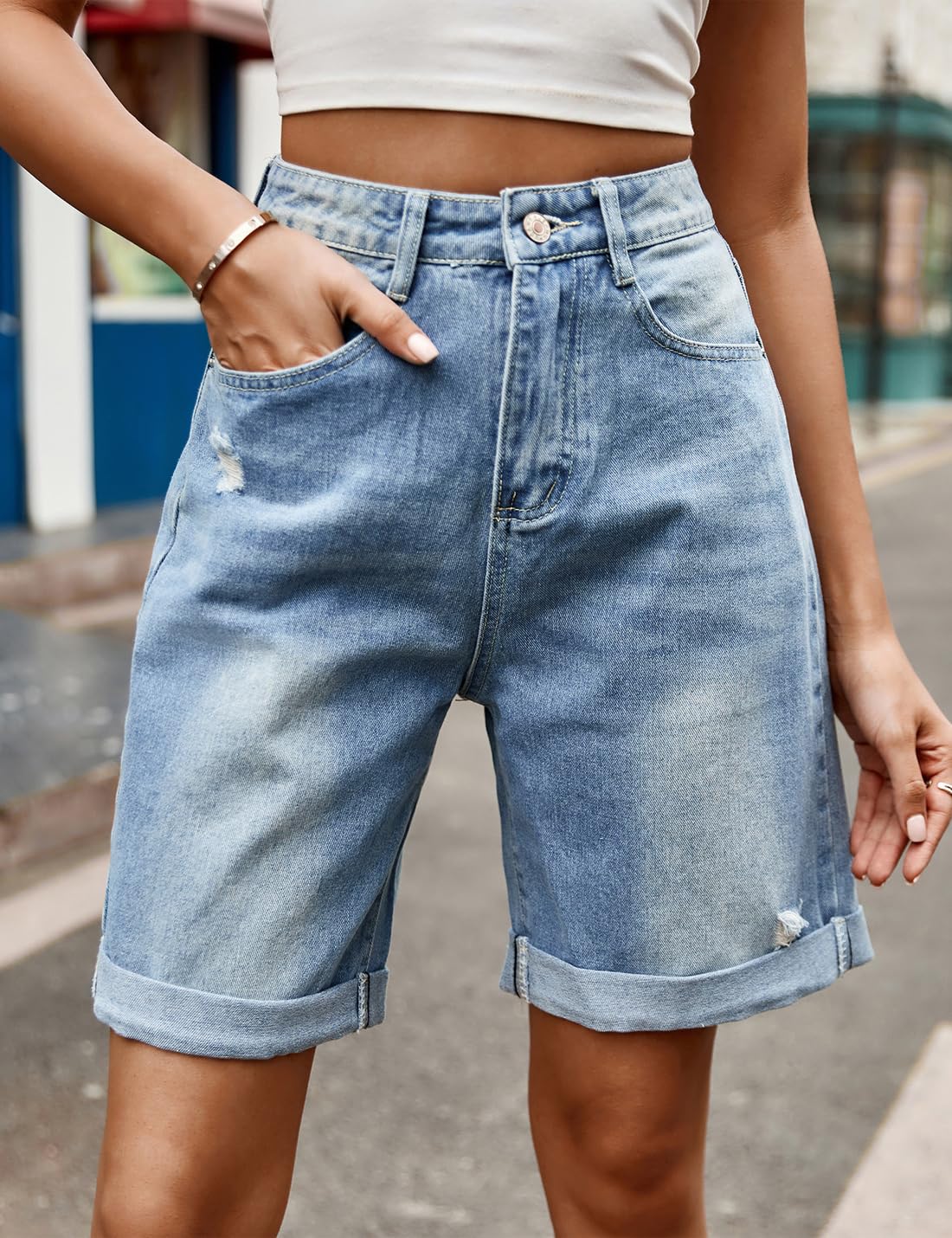 Short en jean décontracté taille haute pour femme - Style baggy déchiré - Coupe droite