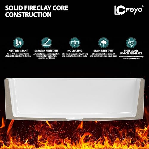 Miniatura 5 de Fregadero de cocina blanco de 33 pulgadas, delantal curvado frontal de arcilla refractaria de cerámica, porcelana, cuenco individual de cocina de