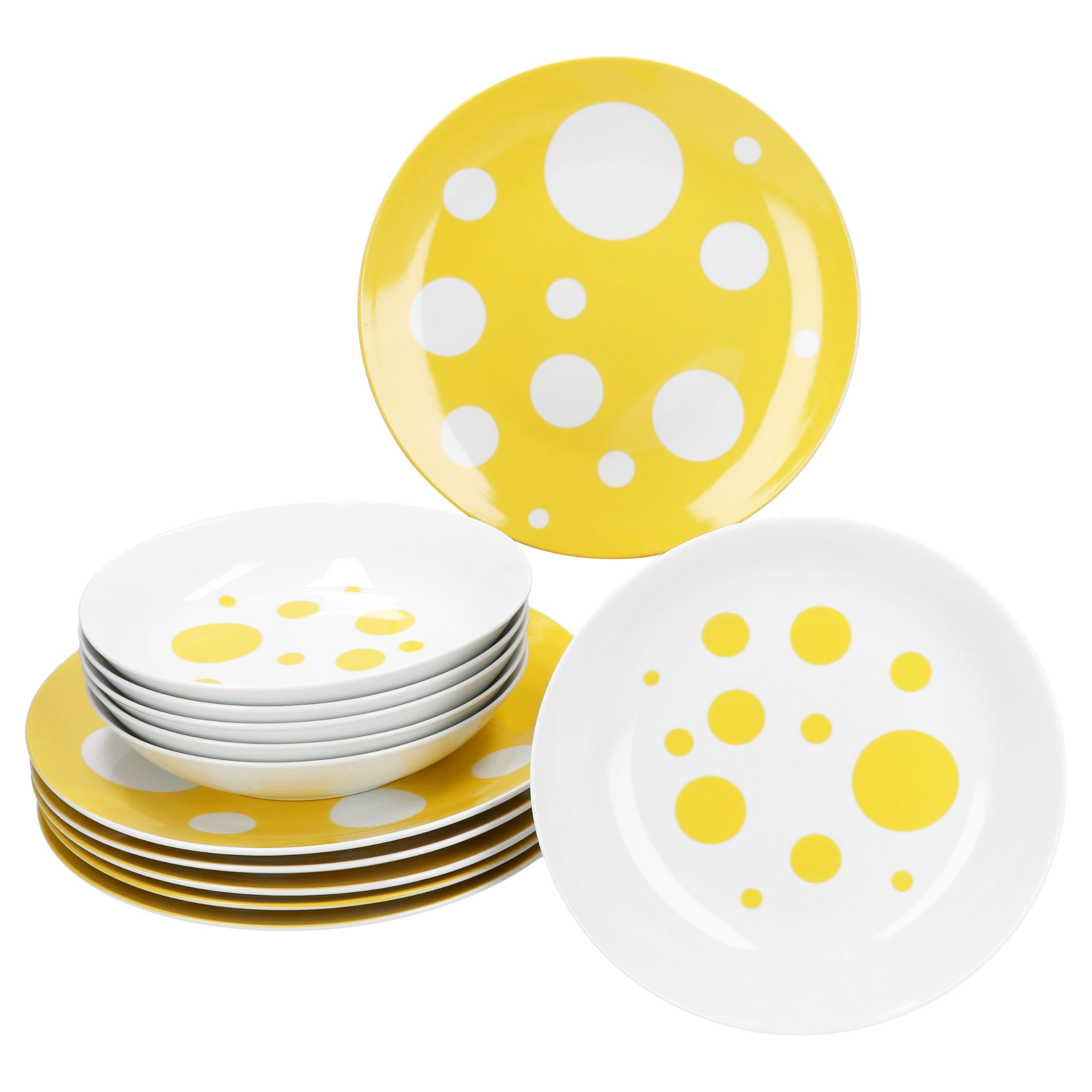 MamboCat Pula Service de table jaune 12 pièces I Vaisselle en porcelaine blanche à pois pour 6 personnes I 6 assiettes creuses & 6 assiettes plates pour petit-déjeuner, déjeuner et dîner