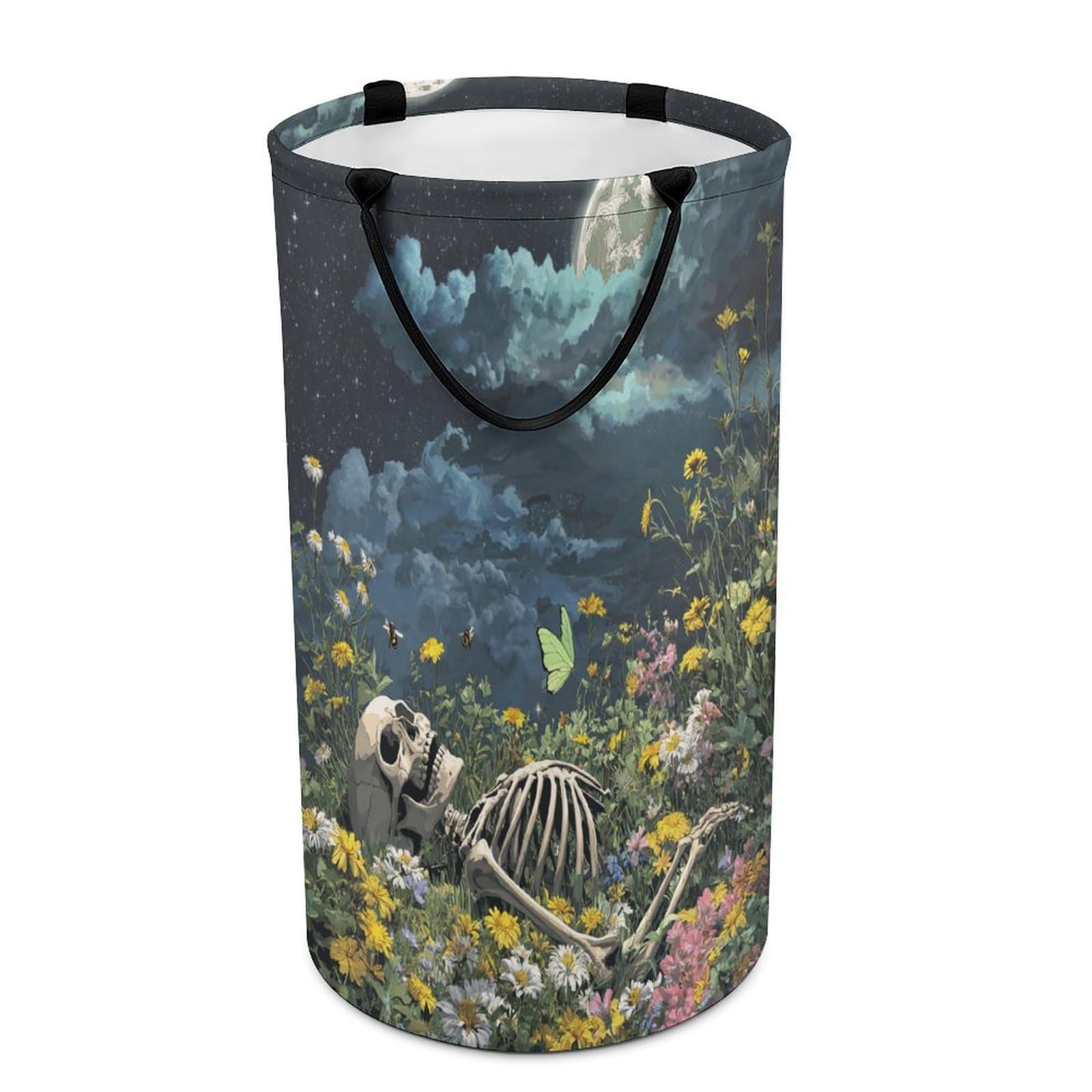 LUYYSKY Beautiful Modern Skull Skeleton Versatile Storage Laundry Basket, Romantic Abstract Full Moon Animals Butterflies Plant Floral Large Bathroom Laundry Hamper With Handle-40 CM Dia, 69 CM High