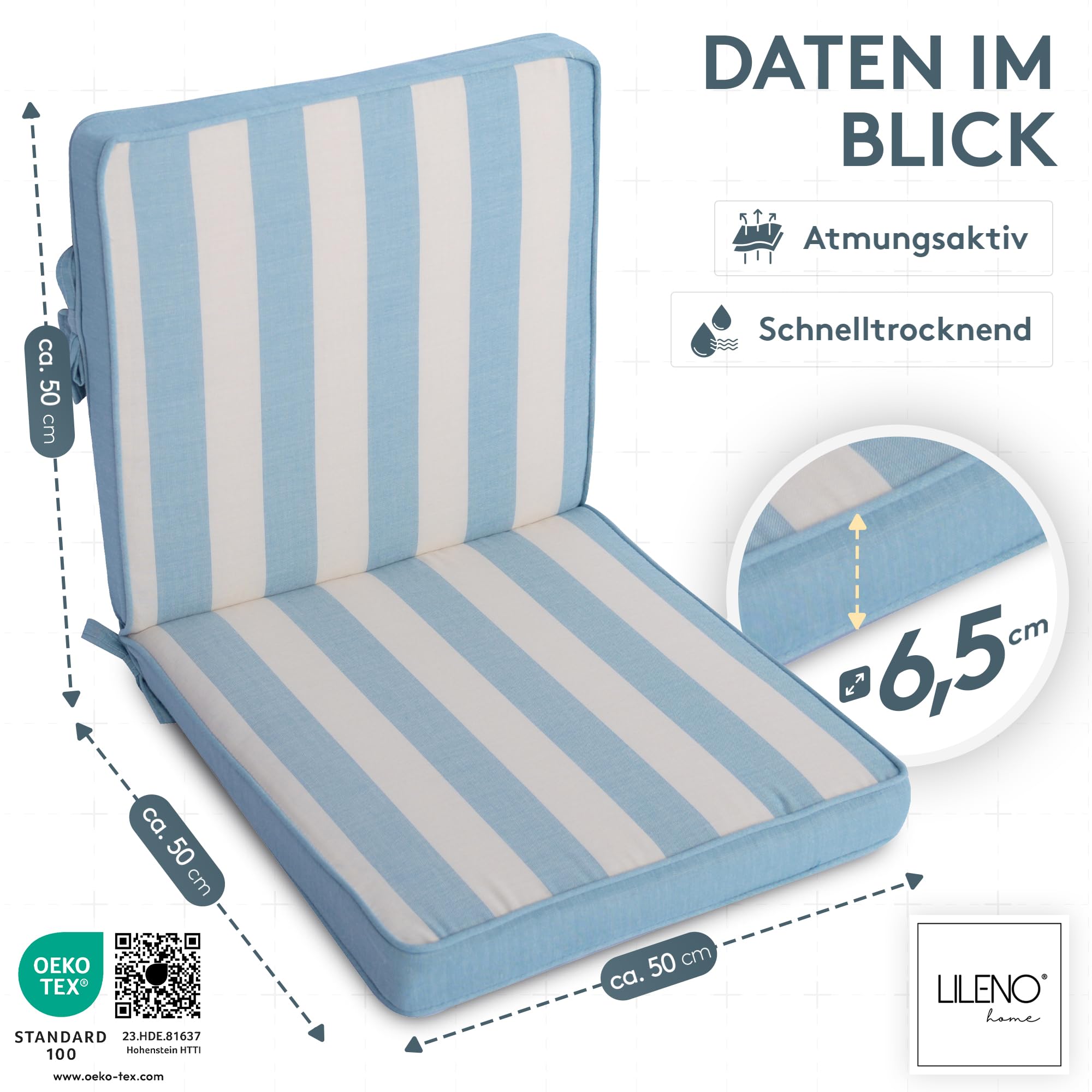 LILENO HOME Gartenstuhl Auflagen als [2er Set - Niedriglehner] in Blockstreifen Aqua - Bequeme Liegen als Sitzauflagen für Gartenmöbel - Stuhlkissen für Gartenstühle und Klappstühle Dub