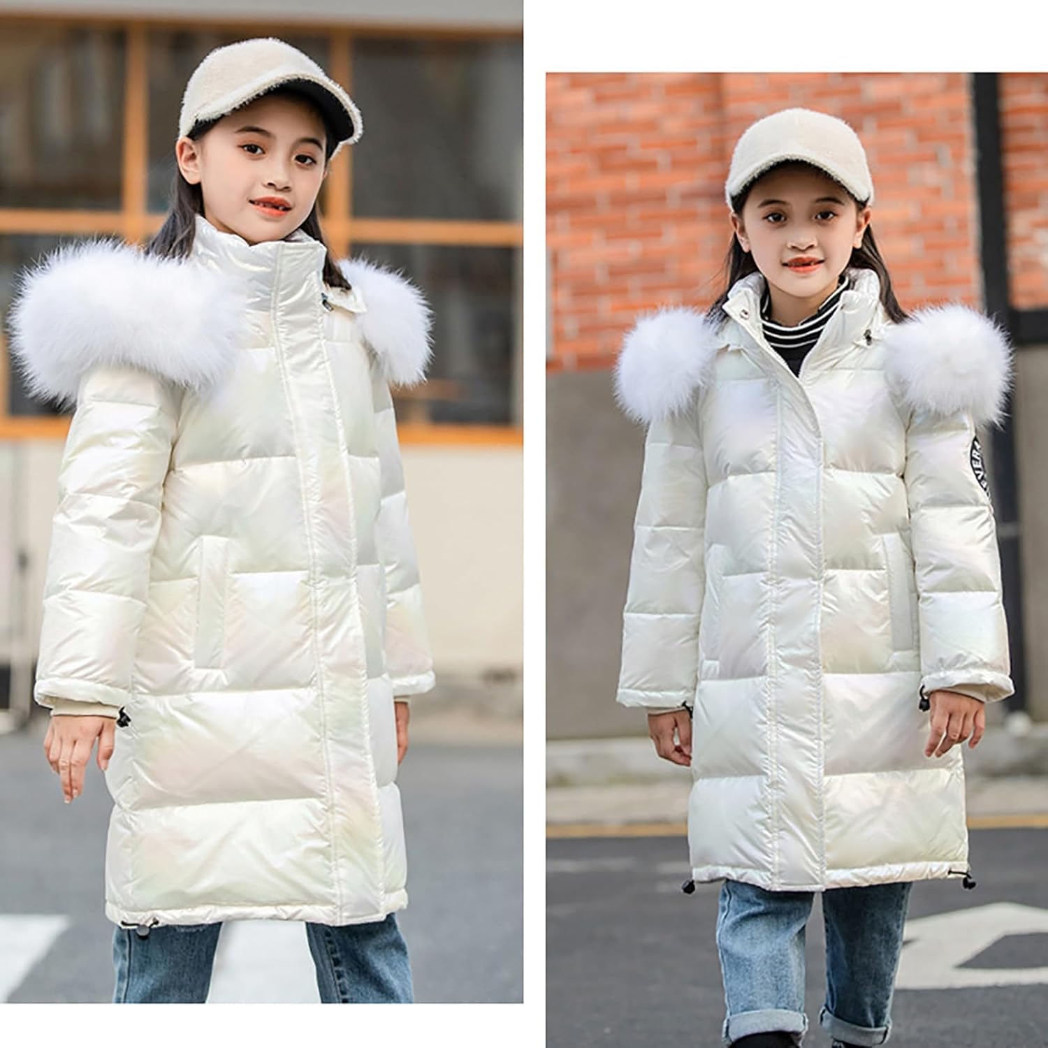 Girls Winter Puffer Jacket with 𝗙𝘂r Hood Thicken 𝗪aterproof Windproof Padded Down Coat Zipper Long Outerwear