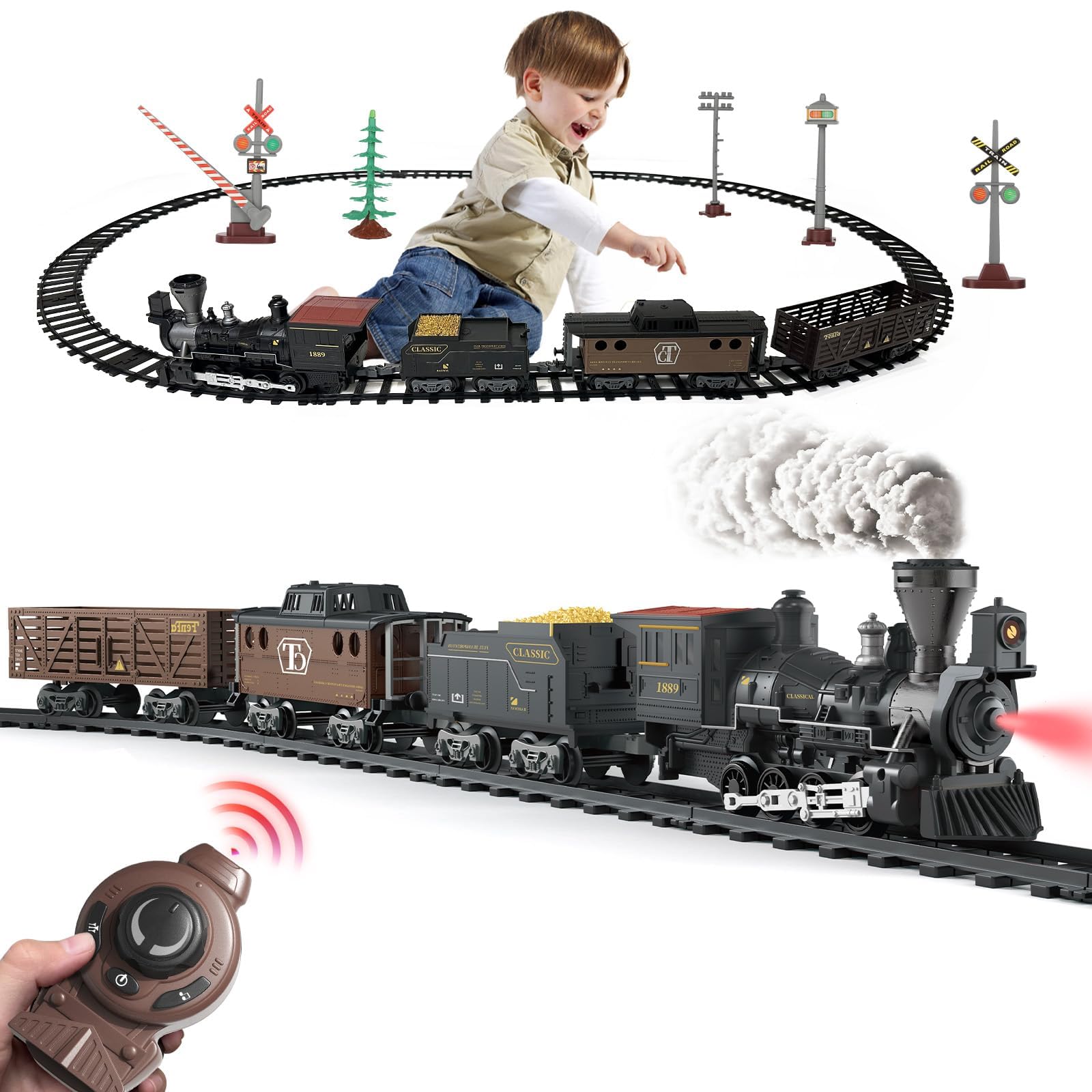 Azonee Train Set with Remote Control, Retro Rail Steam Train Toy with Steam Locomotive, 3 Freight Trains, Alloy Steam Locomotive Engine Train Toy Gift, Classic Model Train Set with Steam and Sound