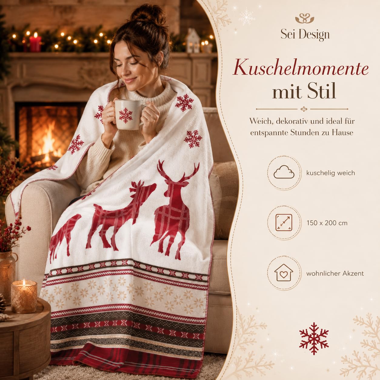 sei Design Weihnachts Kuscheldecke 150x200 Weihnachten Fleece Decke X-Mas Winterdecke Wohndecke Weiche Dicke Decke mit Weihnachtsmotiv als Sofadecke Couchdecke Überwürfe Plaid Weihnachtsdeko