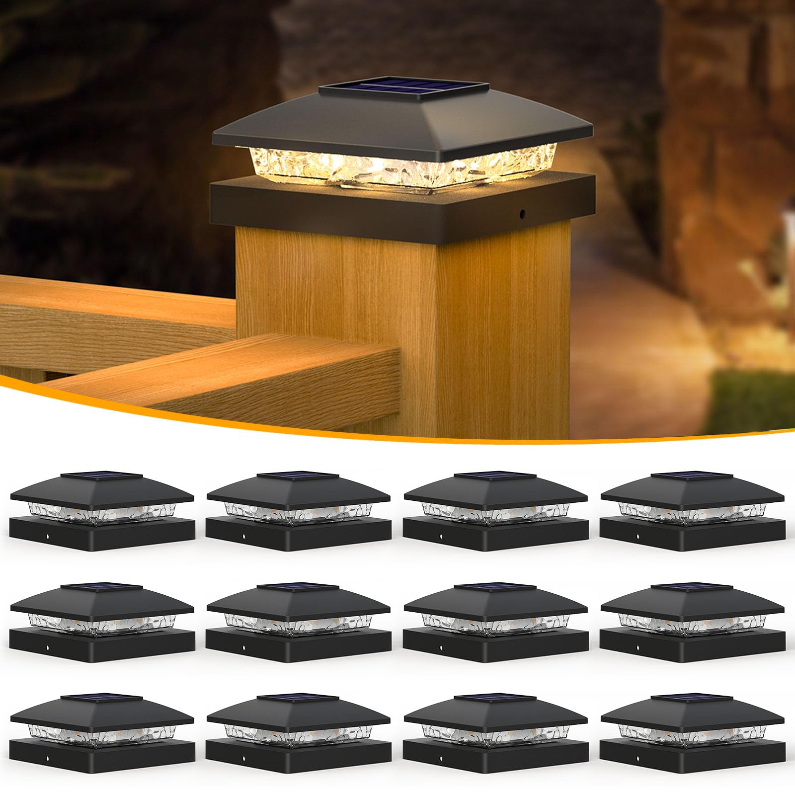 APONUO Solar Post Cap Lights for 4x4 Posts - IP64 Waterproof 3000K LED No-Wire Fence Lights Deck Lights