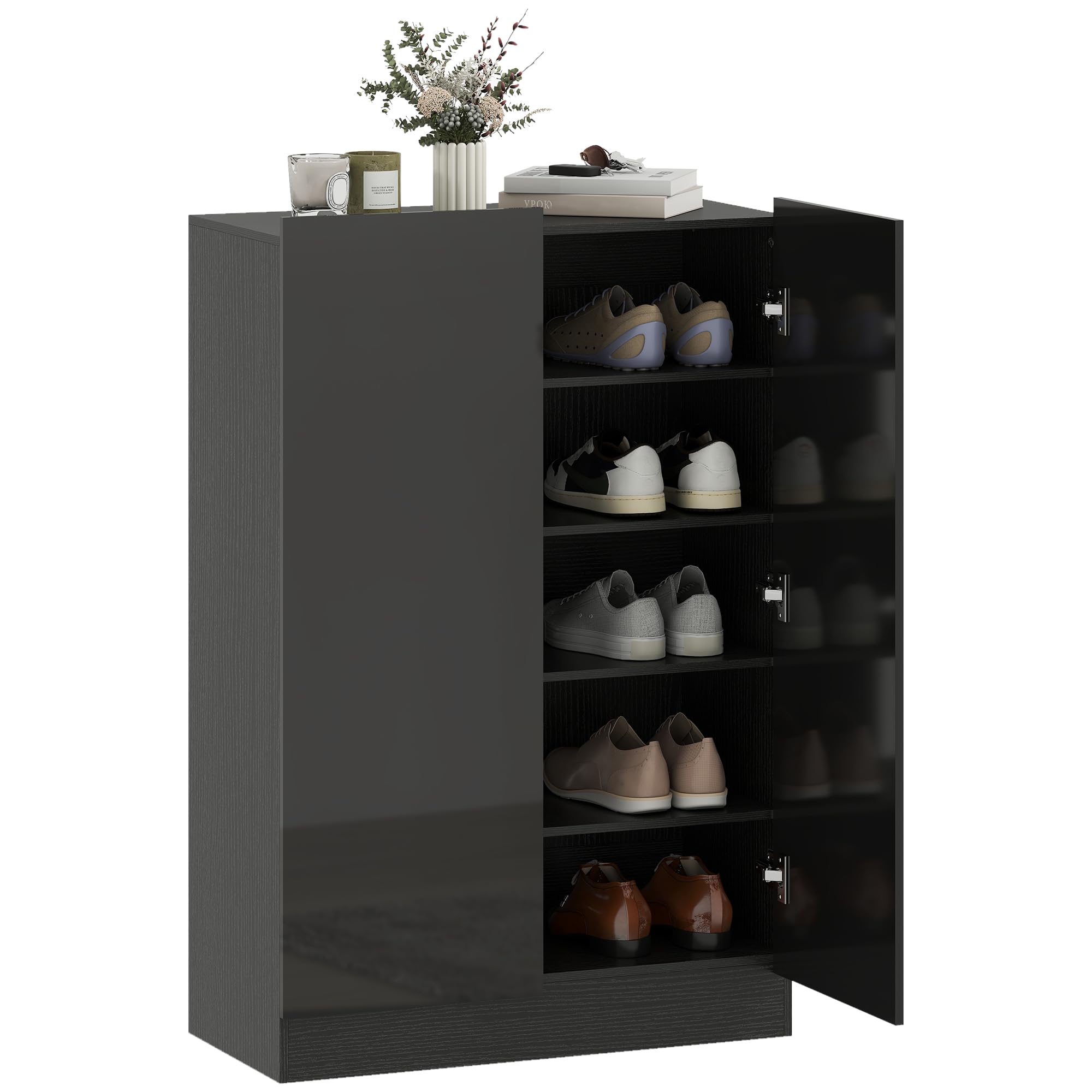 HOMCOM Zapatero de 2 Puertas Brillo con Cierre Suave Negro 72x34,5x103 cm | Zapatero Entrada Recibidor, Estantes Ajustables, Agujeros de Ventilación, para 20 Pares de Zapatos