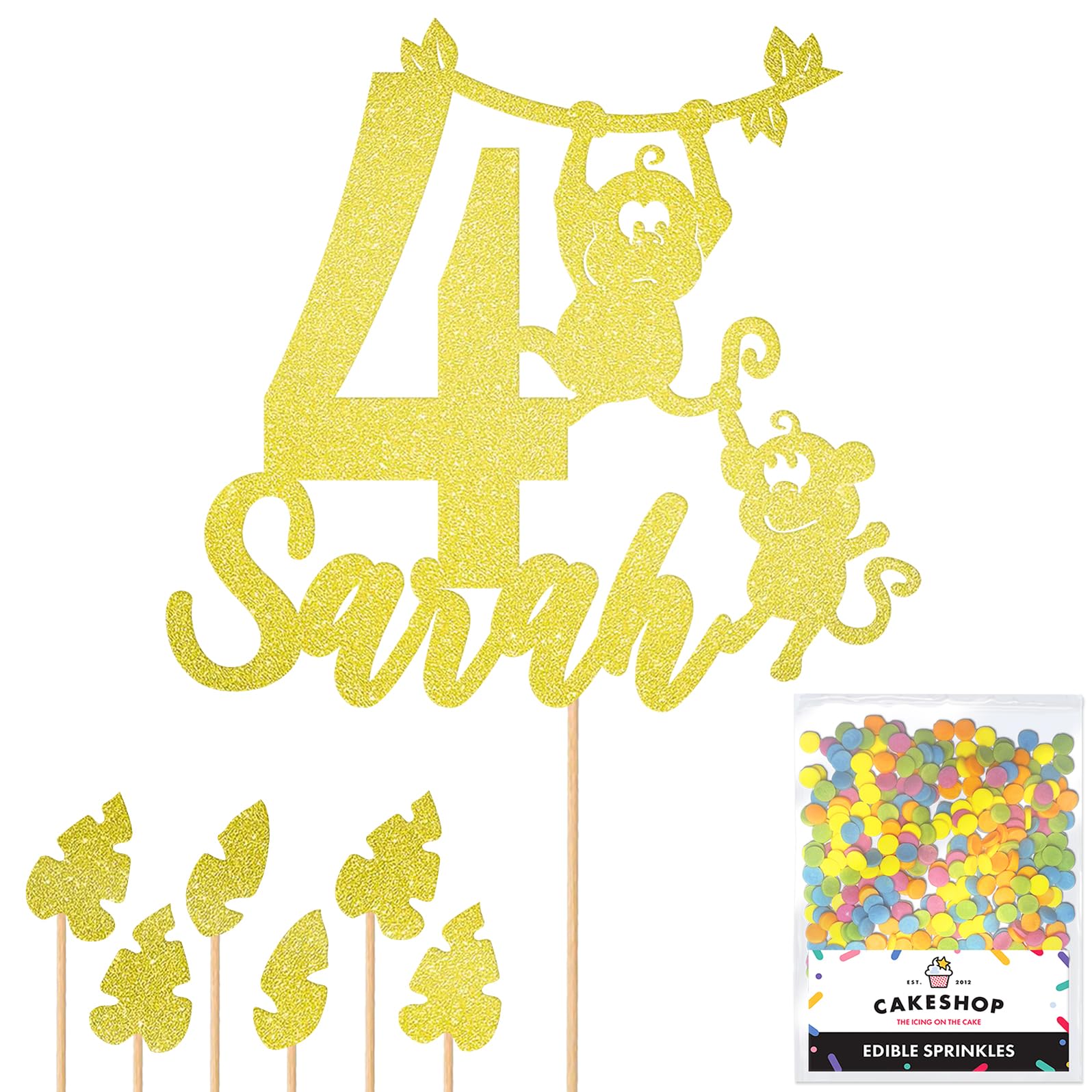 Personalised Birthday Jungle Monkey Glitter Cake Topper Champagne Any Custom Age & Name Glitter Cake Decoration and Sprinkles - Happy Birthday Decorations - Personalised Toppers for Cakes by Cakeshop