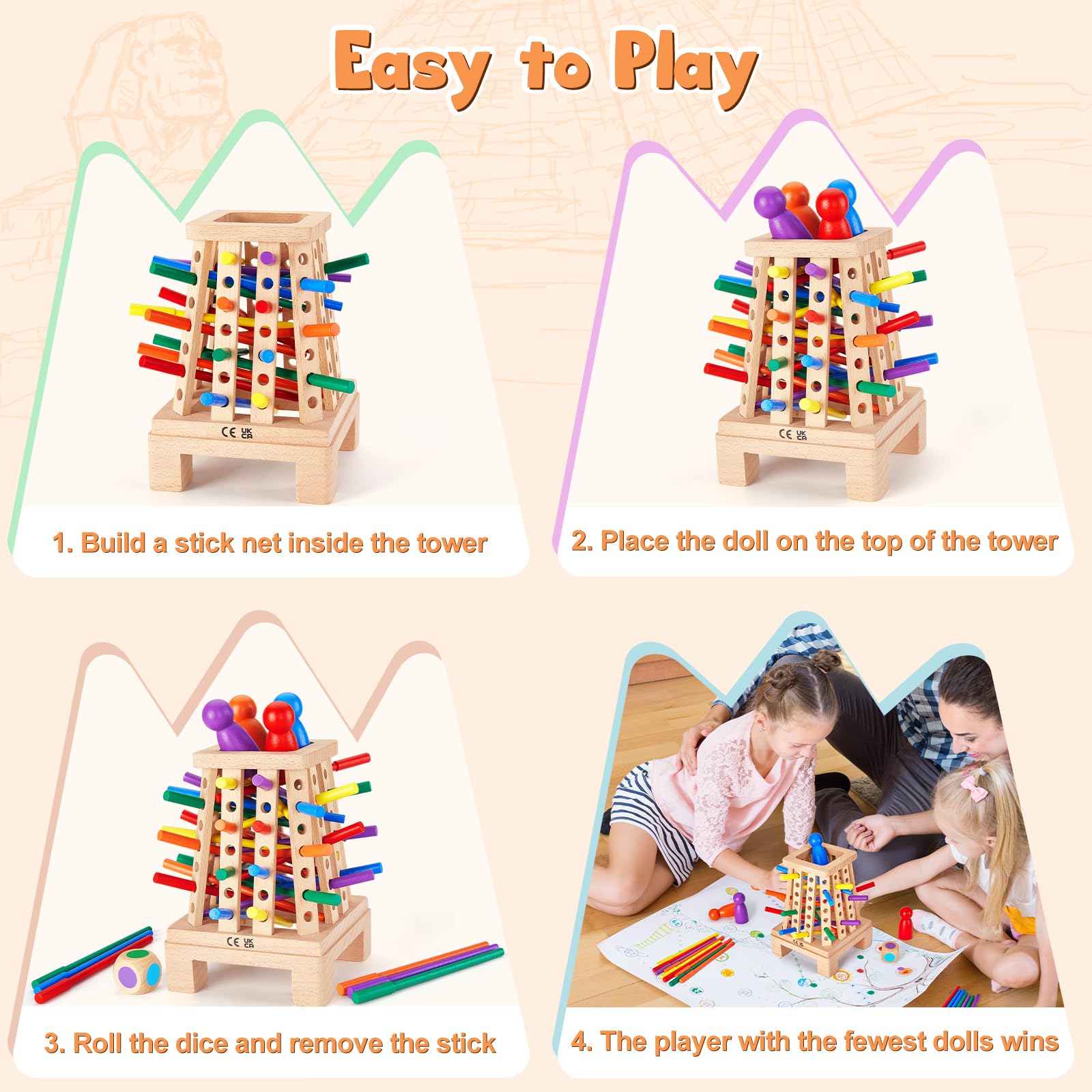 Jeux Montessori Jeu de Société en Bois pour Garçons Filles, Jeu de Tour en Bois avec Bâtons Colorés et Dés Jouets Éducatifs Famille Jeux Voyage Cadeau Enfant 3 4 5 6 7 8 9 Ans