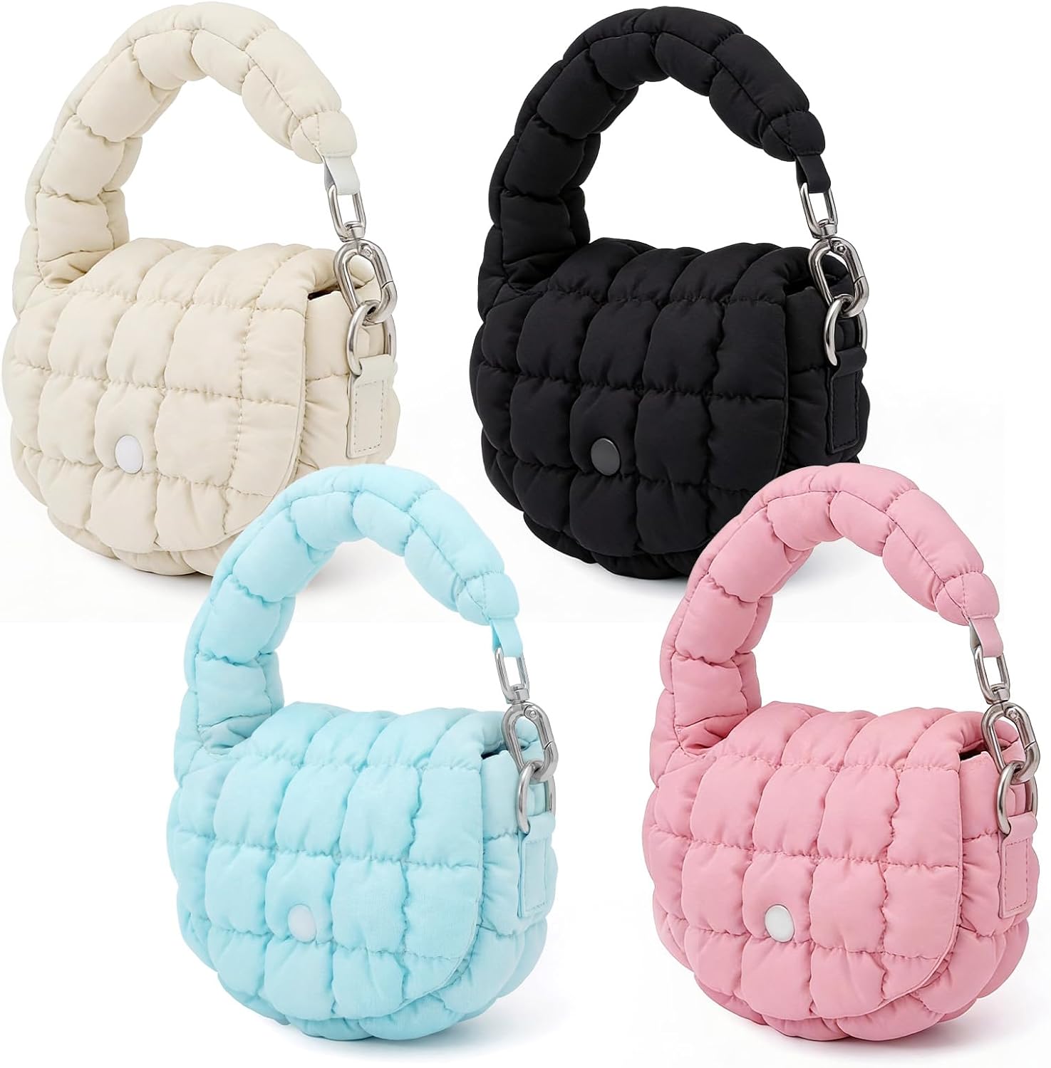 Hsei 4 Pack Mini Quilted Wristlet Bag for Women, Puffer Handbags Evening Cosmetic Bags Cute Lipstick Bag Mini Charm Accessories for Women Girls Galentines Day Gifts