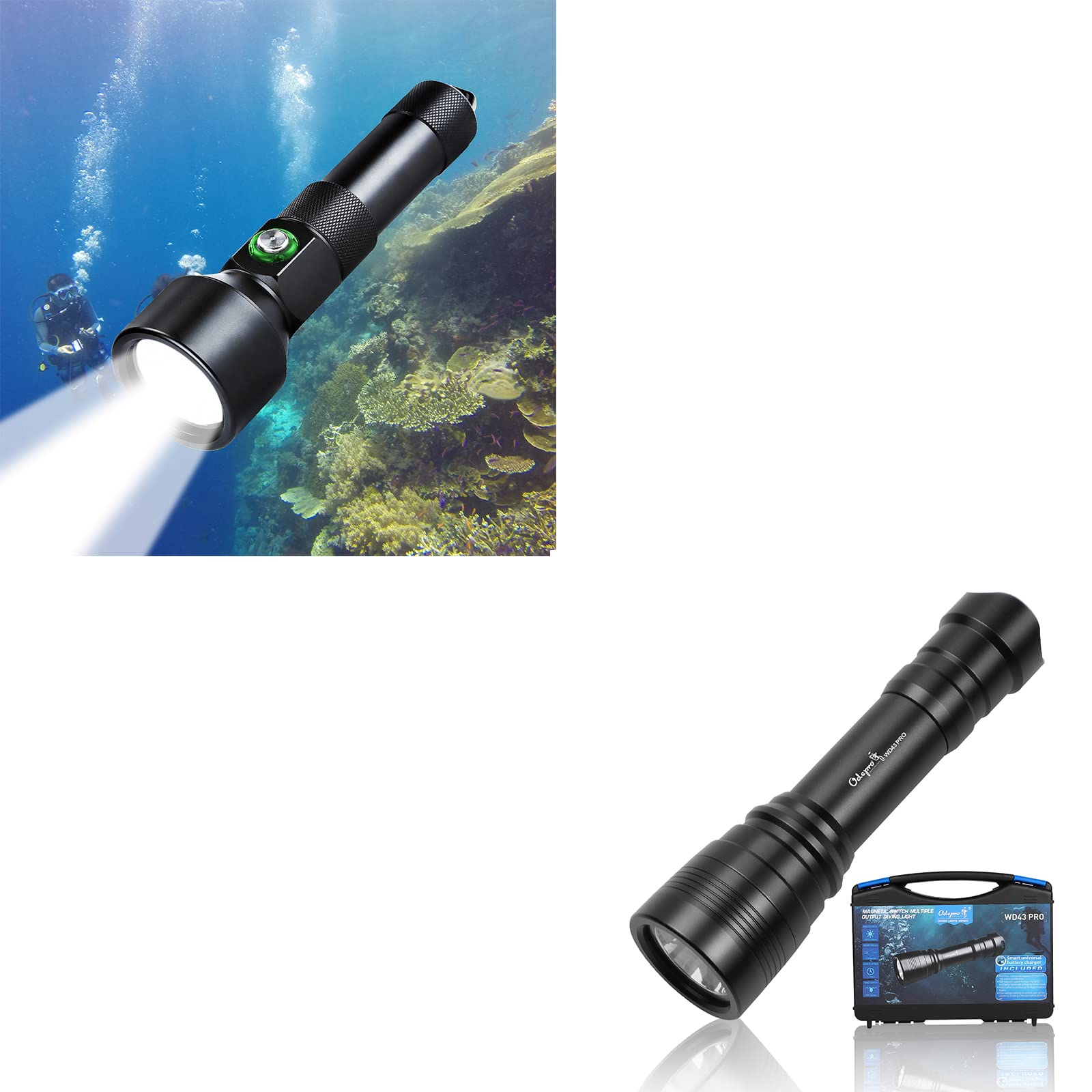 OdeproND22 1300 Lumen Diving Light & Odepro WD43PRO 1050 Lumens Compact Dive Lights Combo, Underwater Flashlight for Scuba Diving, IP68 Waterproof Submersible Torch