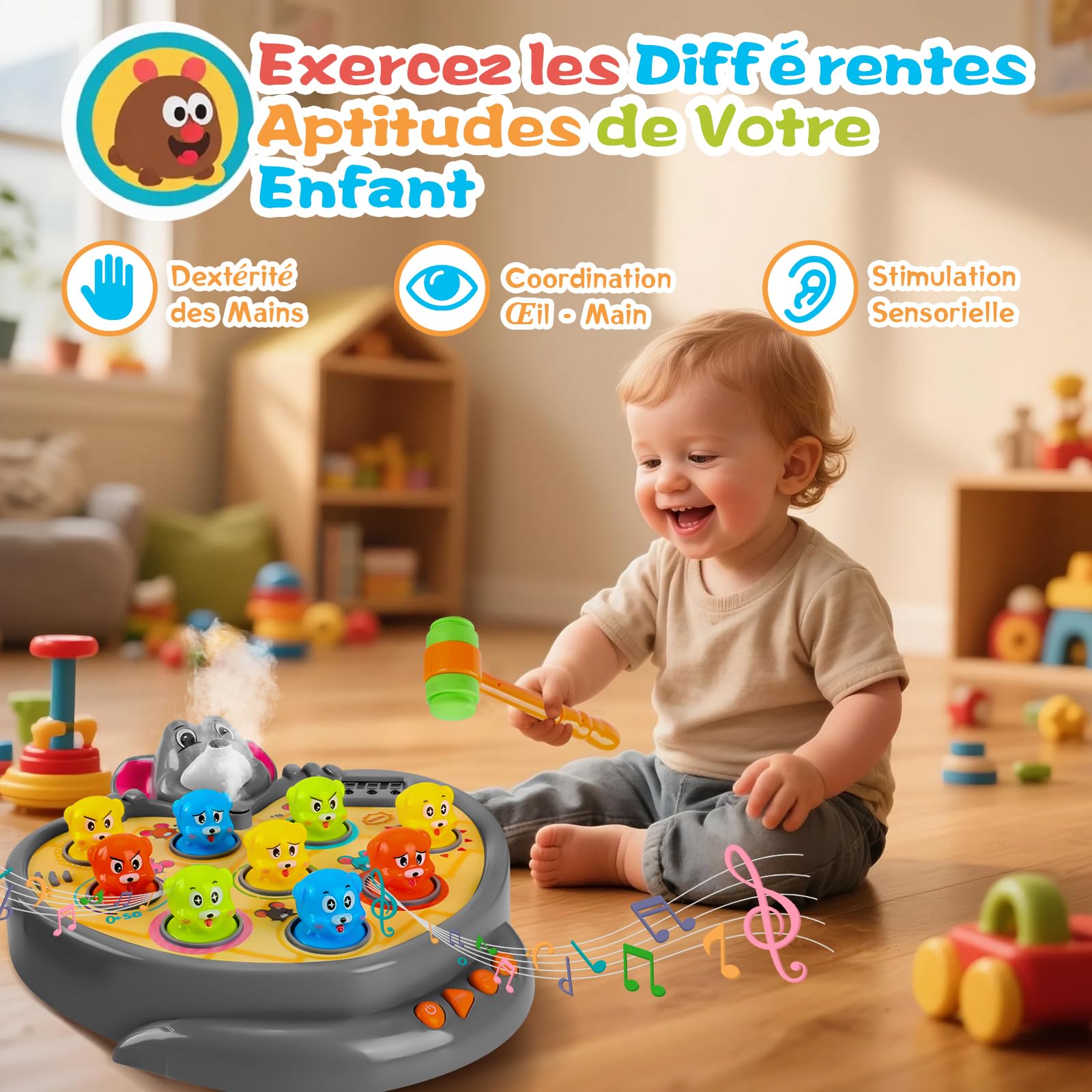 YOOHBERRYS Jeu de Taupe, Jeu de Marteau pour Enfants, Marteler des Jouets, Jouet de Whack avec 5 Modes, 9 Morceaux de Musique, 2 Marteaux, Jeux Montessori pour Les Bébés de 3-6 Ans