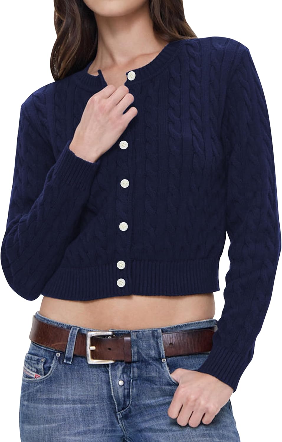 Balimtoy Women Cable Knit Cardigan Cropped Long Sleeve Crew Neck Button Down Sweater Cardigans Cute Y2k Fall Jackets