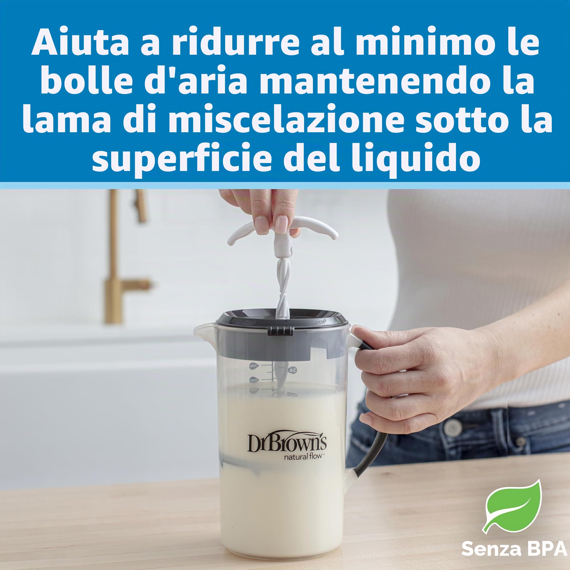 Dr. Brown's Brocca per miscelazione con tappo regolabile, coperchio di bloccaggio e beccuccio senza gocciolamento, 32 once, senza BPA, blu