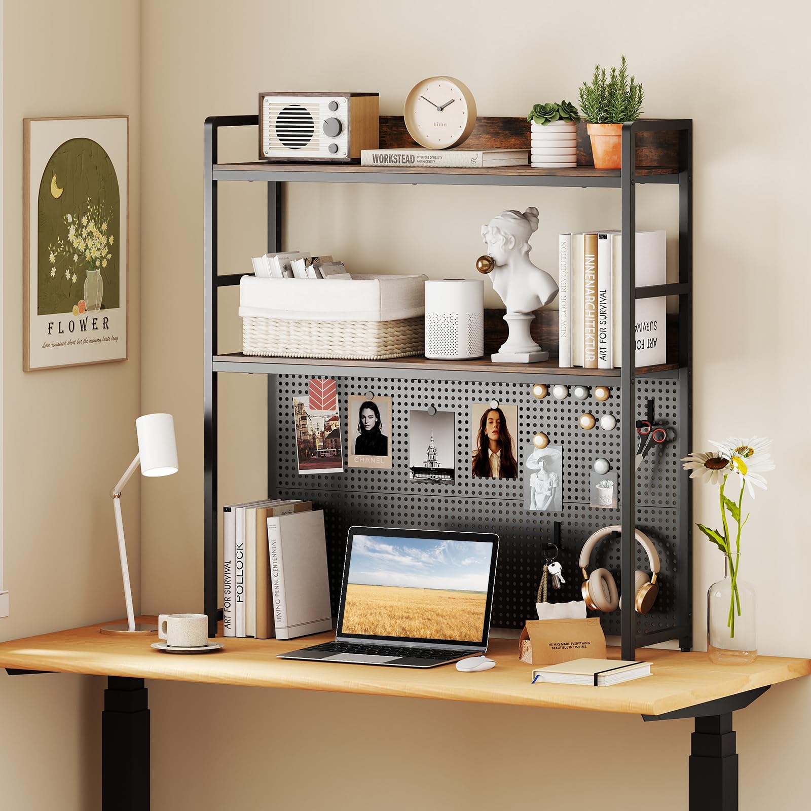 COSTWAY Libreria da Scrivania a 2 Livelli, Scaffale da Tavolo Industriale per Monitor di Computer Fino a 32", Organizzatore di Stoccaggio con Pegboard, per Dormitorio Ufficio e Casa, 94x27x103 cm