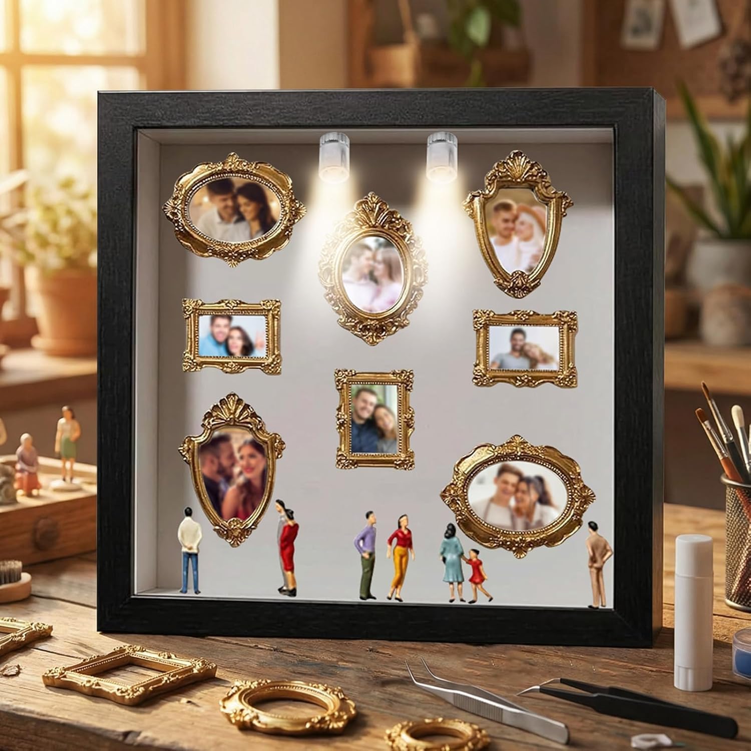 DIY Mini Museum Bilderrahmen, DIY Mini Museum Silhouette Box, Fotospeicher Bilderrahmens, mit 8 Mini Goldene Rahmen & 8 Figuren, für Jahrestag, Hochzeit, Heimdekoration