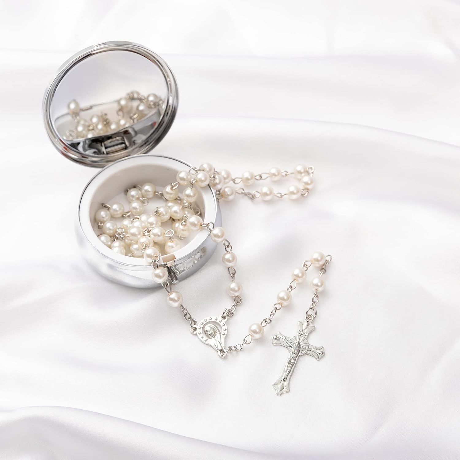 Rosary Beads Catholic - Confirmation Gifts for Teenage Girl, Silver Simple Style Metal Gift Box, White Artificial Pearls Rosary, Gifts for Women - Image 4