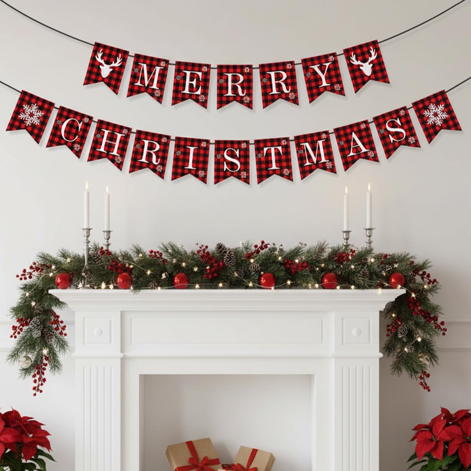 Christmas Bunting Merry Christmas Banner Red Checkered Banner Christma Ceiling Decorations Christma Wall Decorations Indoor Party Decoration Supplies Hanging Decoration 2PCS - Image 3