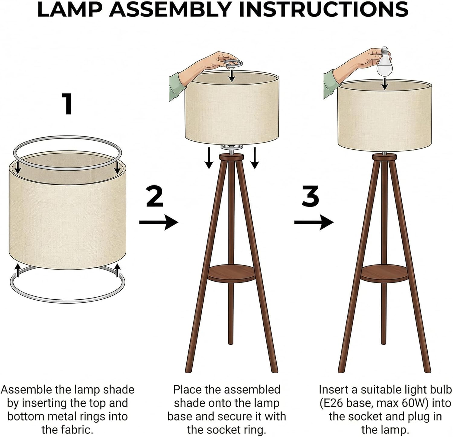 Modern Floor Lamp with White Drum Shade, Wood and Metal Construction, Adjustable Height, for Living Room, Bedroom, Office
