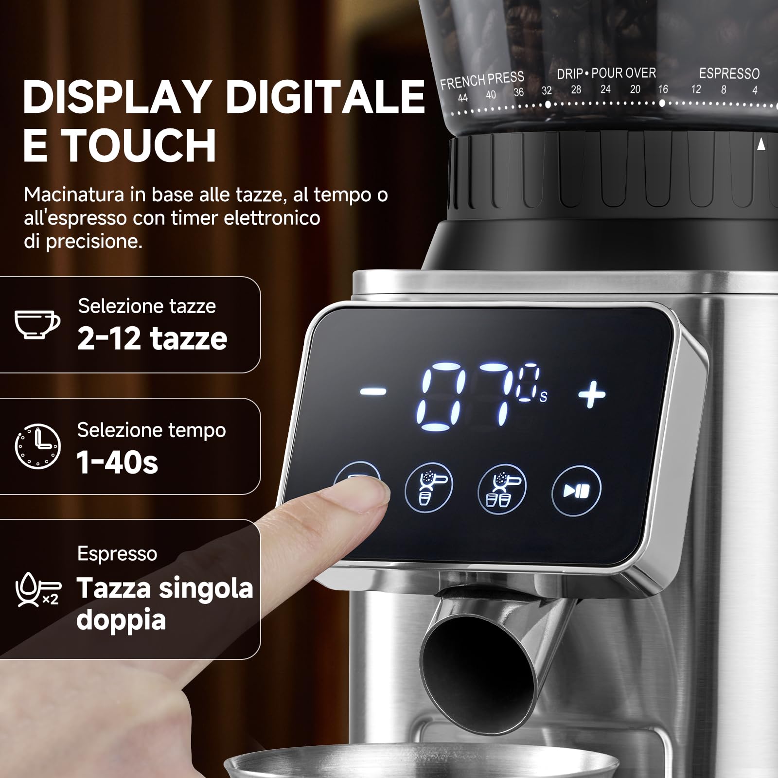 AMZCHEF Macinacaffè Elettrico con 48 Livelli di Macinatura, Macine Coniche, Sistema Antistatico, Display LCD Touch, Contenitore Chicchi 300 g, per Espresso, Caffè Filtro e French Press