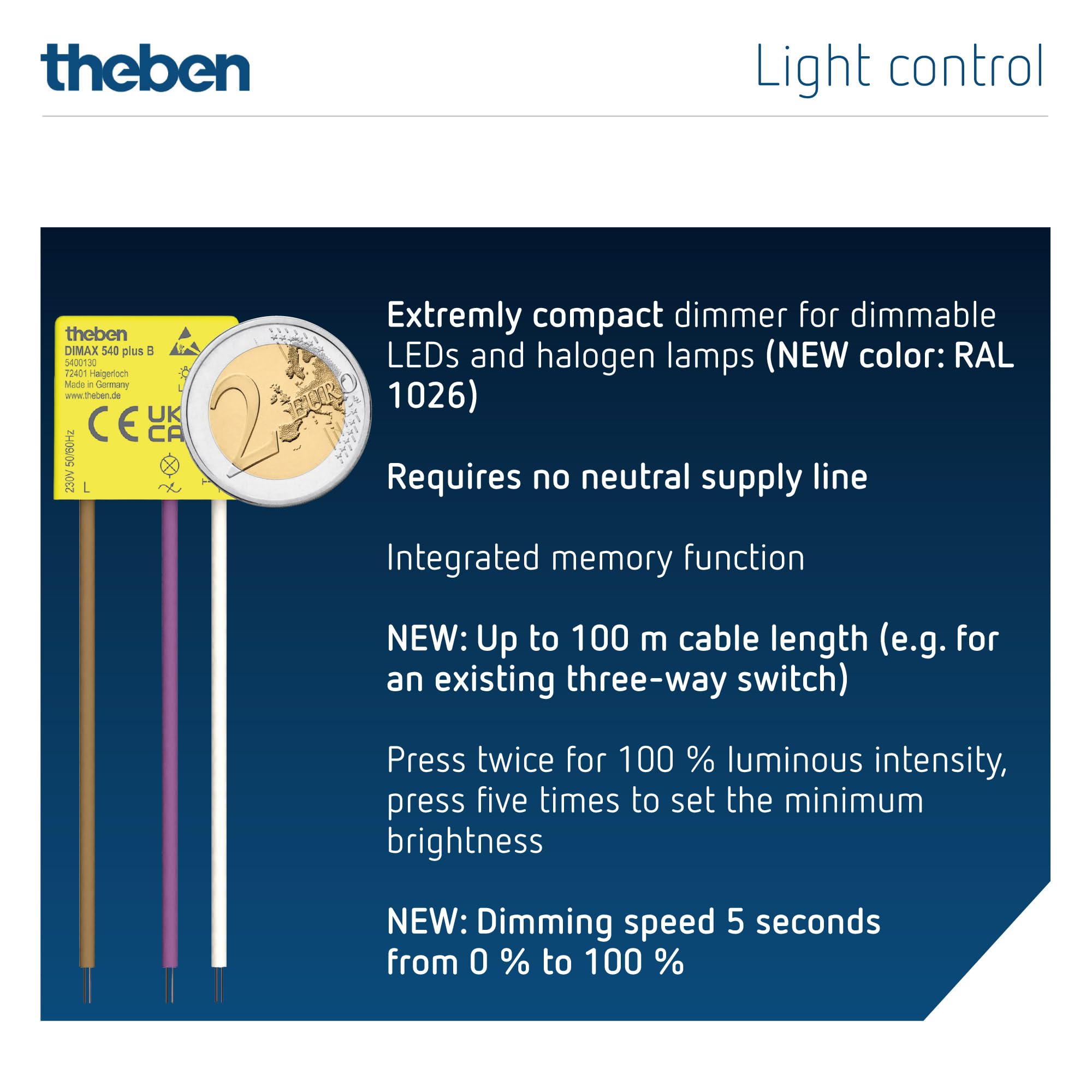 Theben 5400130 DIMAX 540 plus B - Mini dimmer da incasso I non richiede il conduttore neutro I lunghezza cavo 100 m I funzione memoria I retrofit e ristrutturazioni I luminosità minima regolabile