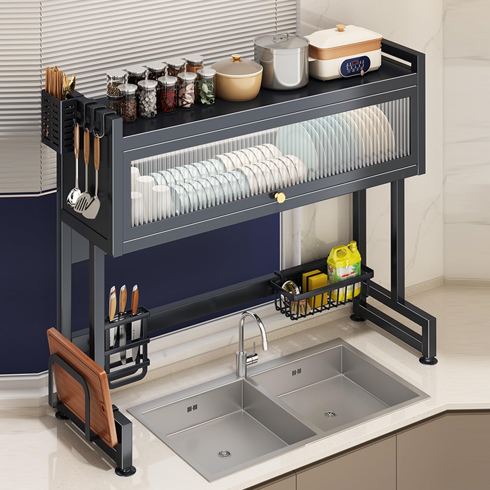 Escurridor de platos sobre fregadero, organizador de cocina de 2 niveles que ahorra espacio con cubierta para platos, vasos, cuencos y cubiertos, versión alta para almacenamiento de cocina