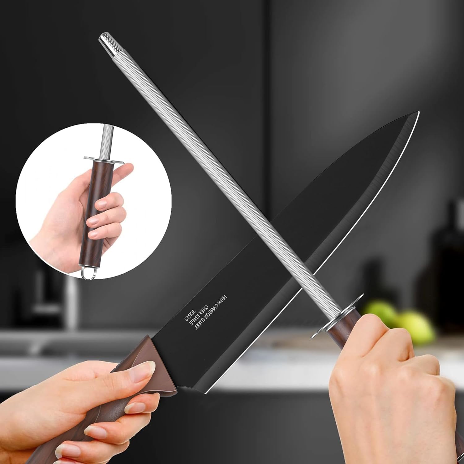 E-far Knife Set with Block, 15 Pieces Kitchen Knife Block Set with Sharpener, High Carbon Stainless Steel Sharp Chef Knife Set with Ergonomic Handles, Anti Rust, Walnut