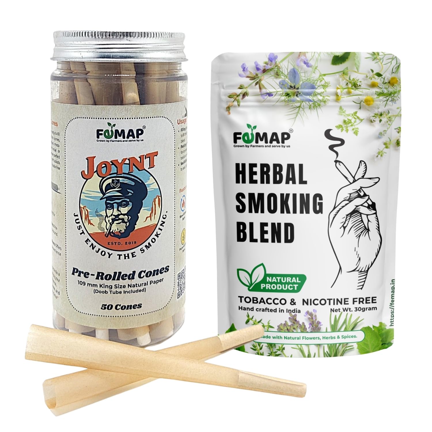 Combo of Blue Floral Delight Herbal Smoking Blend Mix 30g & Joynt Pre Rolled Empty Paper Cones (50 Pcs) | Natural, Tobacco-Free & Nicotine-Free & Natutal Paper King Size cones | Pack of 2