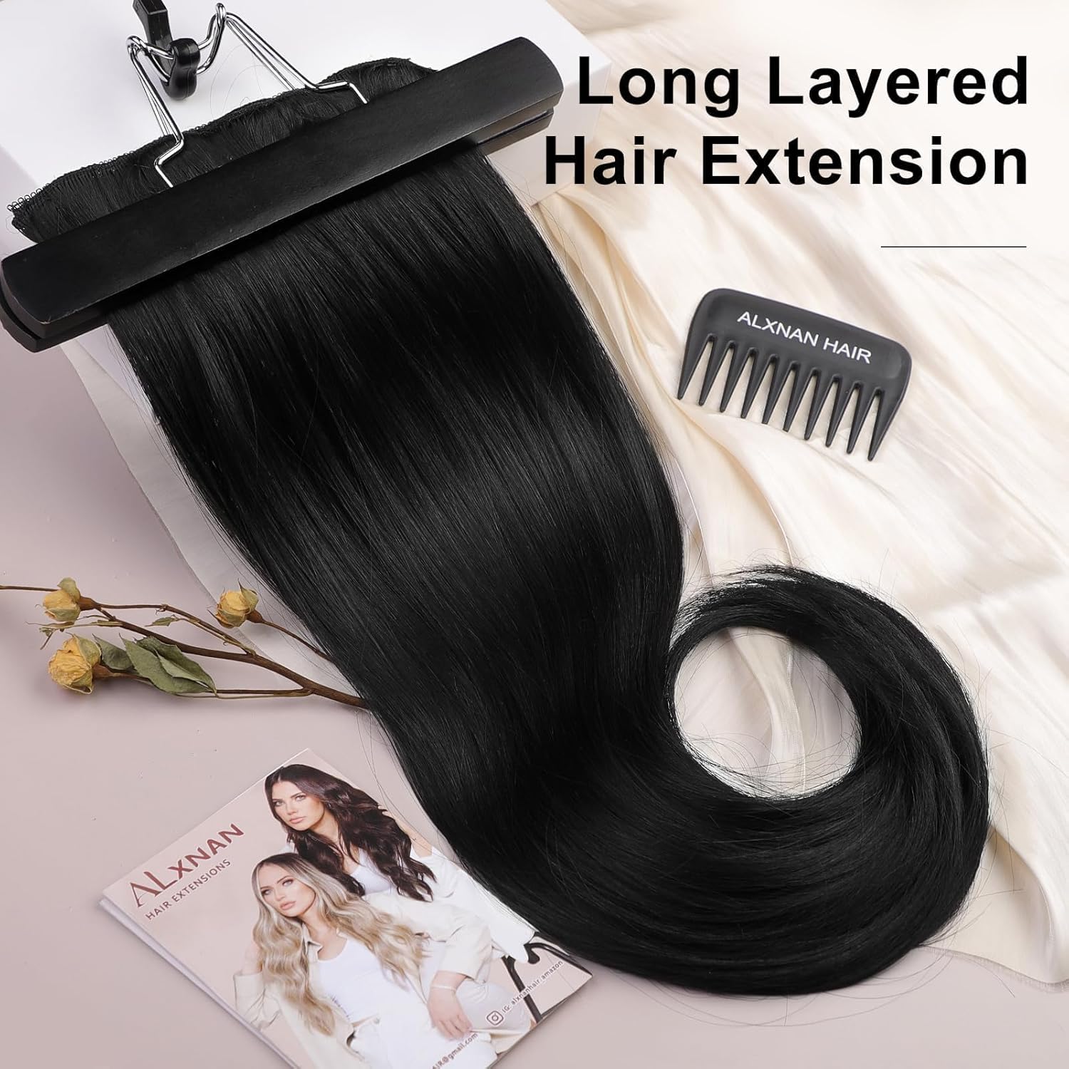 ALXNAN Clip in Hair Extensions,Black Thick Long Straight Layered 20 Inch Soft Lace Weft Hair Extensions for Women