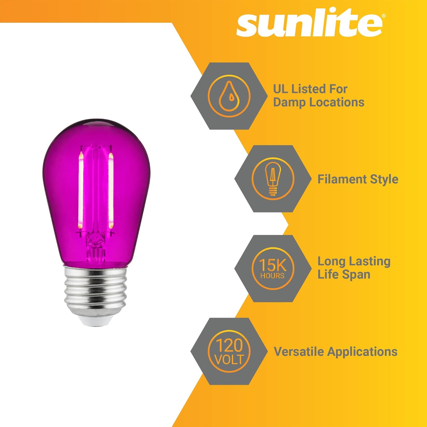 Sunlite LED S14 String Light Bulb, 2 Watts (25W Equivalent), Medium E26 Base, Party Decoration, Holiday Lighting, Transparent, Dimmable, UL Listed, Purple, 6 Count