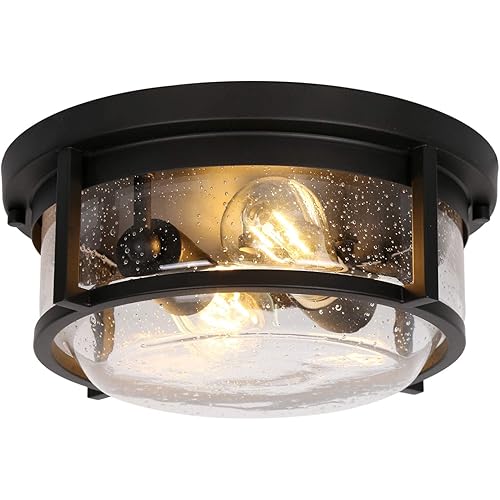 hykolity 2-Light Outdoor Indoor Ceiling Light, Flush Mount Bathroom Ceiling Light Fixtures, Black Finish W/ Seeded Glass Shade for Porch, Entryway, Bedroom, ETL Listed (Bulb not Included)
