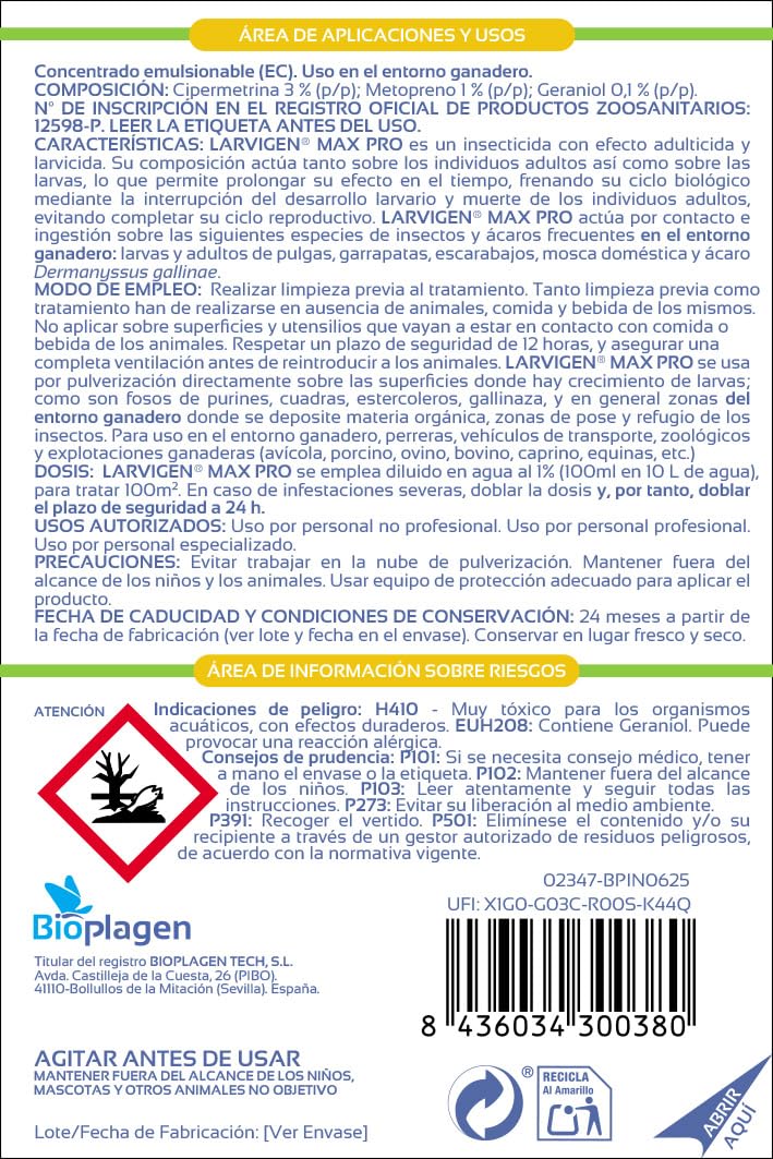 Larvigen MAX PRO, Insecticida larvicida, Insecticida con efecto en todas las fases del ciclo de vida, Larvicida de acción prolongada + Adulticida de choque, Formato 250 ml
