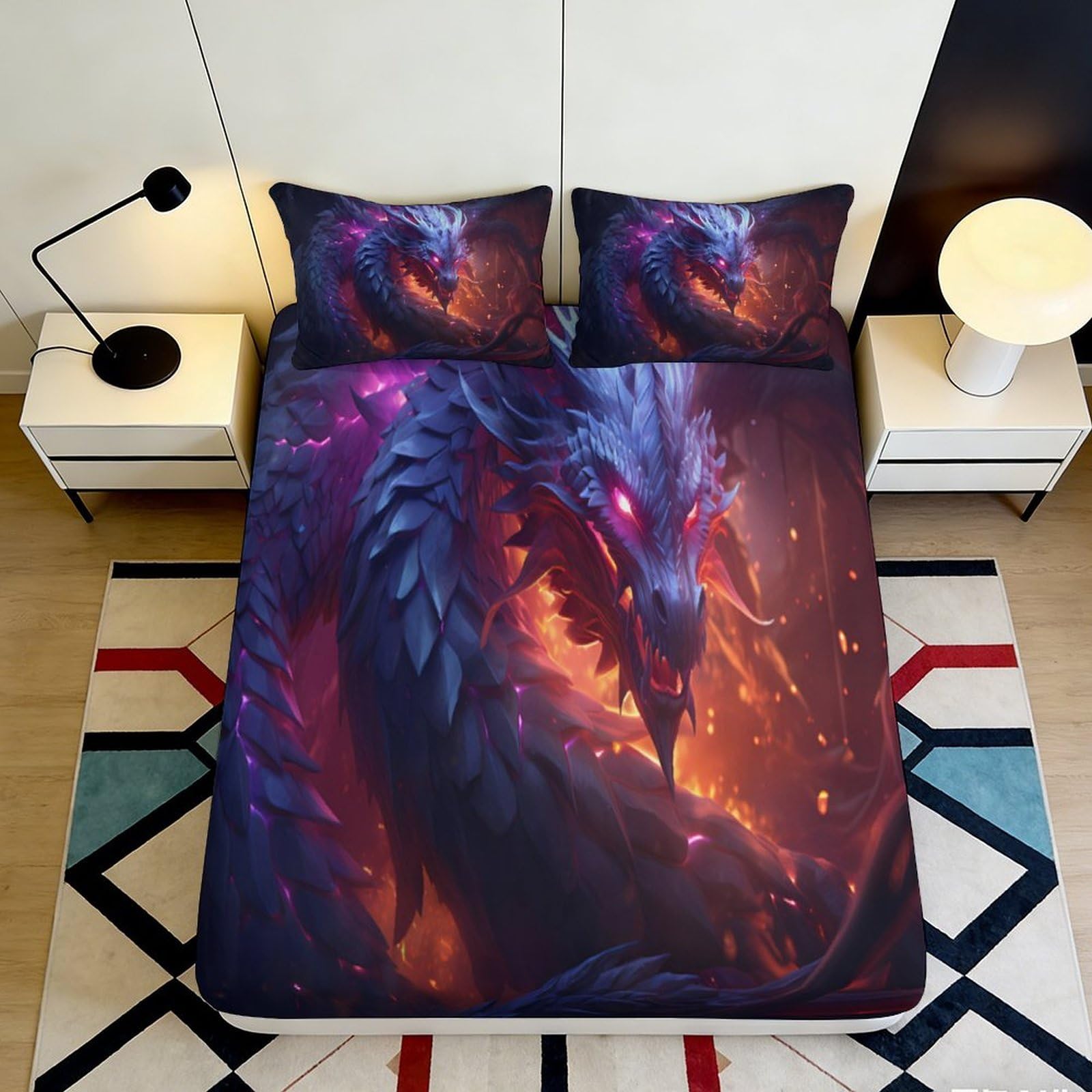 3D Printed Dark Dragon Fitted Sheet Microfiber Soft Breathable Fire Fantasy Mattress Cover Bedroom Decor 90x200x25cm