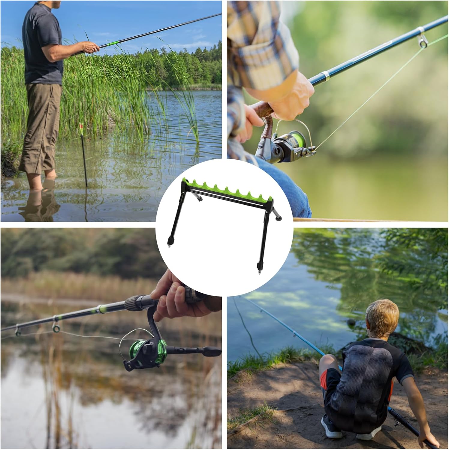 2 Section Telescopic Fishing Rod Holder 4 Leg 8 Rig Roost Kit with EVA Coating Metal Frame for Shore Bank Fishing Multi-Hole Outdoor Fishing Rod Holder Sea Rod Ground-Plug Holder