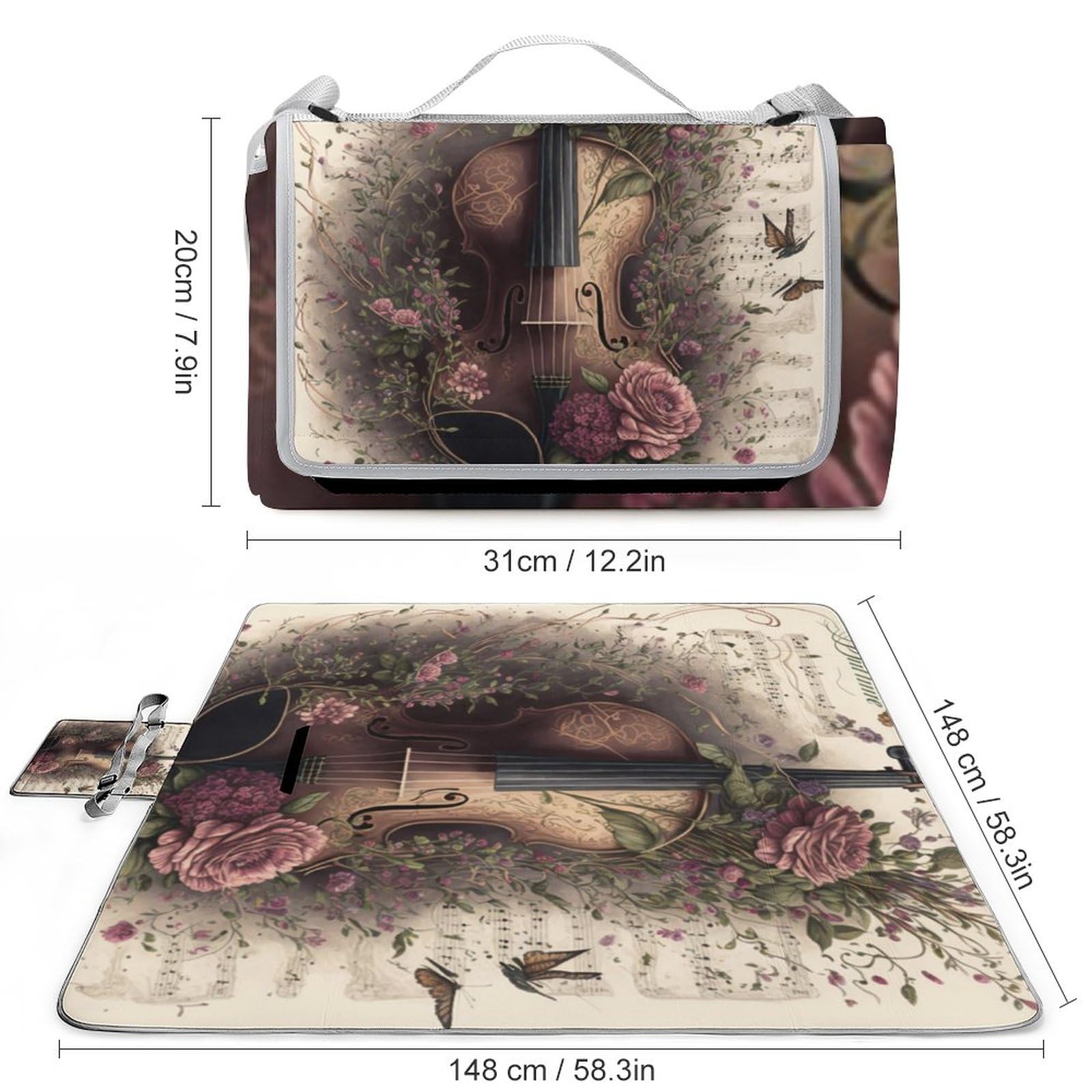 Violin-Flowers Print Picnic Blanket Waterproof Foldable, Large Outdoor Picnic Blanket Beach Blankets Camping Blanket Travel Mat, Shoulder Strap Tote, Rectangle 58x58in