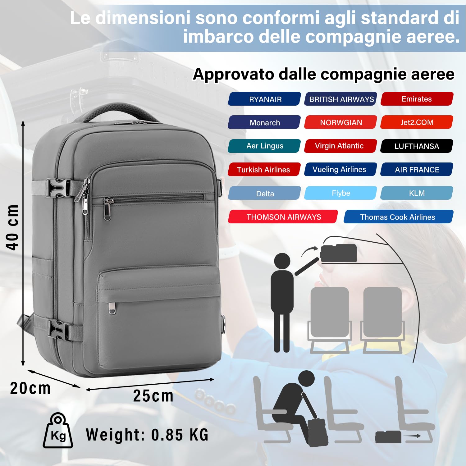 COOLIFE Zaino Cabina 40x30x20 Ryanair EasyJet Eurowings Laptopfach