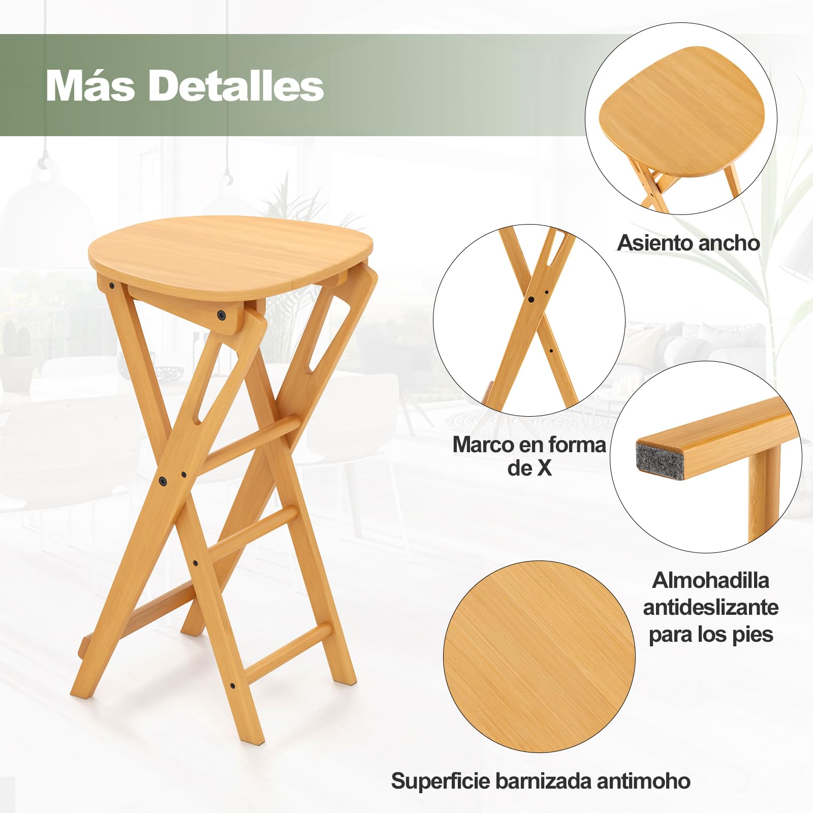 COSTWAY Set de 2 Taburetes de Bar Plegables, 36x33x61 cm, Taburetes Plegables de Bambú con Reposapiés y Asiento Ancho, Taburetes Portátiles de Madera Natural para Cocina, No Requiere Montaje