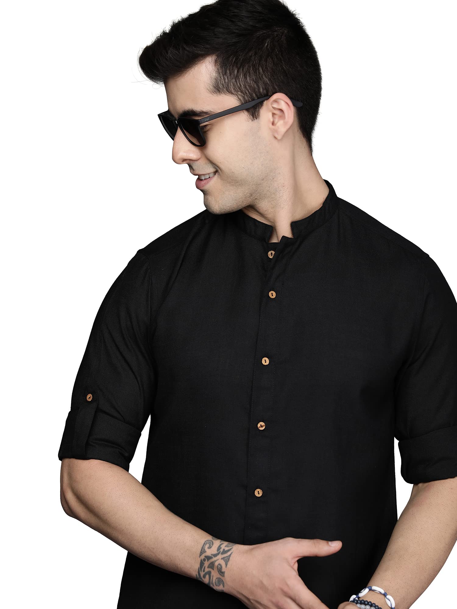 Indo Era Men's Cotton Blend Solid Casual Regular Fit Shirt (MSH1BK1140_Black_Ready to Wear_S to 2XL-Size) in black