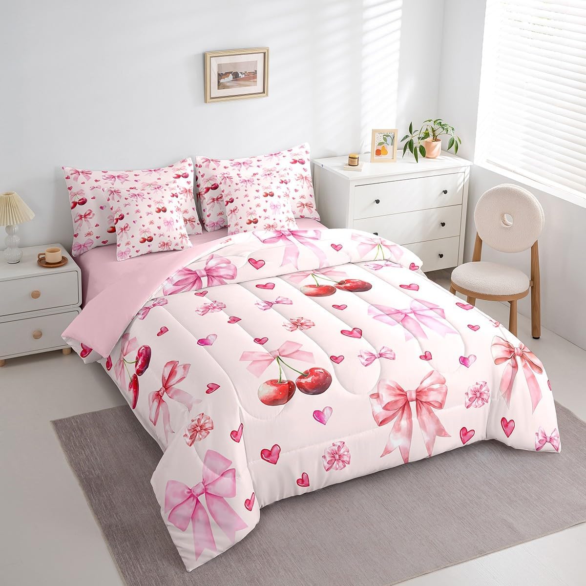 Erosebridal Cherry Bow Bedding Set Girls Pink Ribbon Bows Bed in A Bag Queen Comforter Set 7 Piece,Kawaii Princess Style Comforter and Sheets Romantic Bowknot Dreamy Aesthetic Kawaii Room Decor