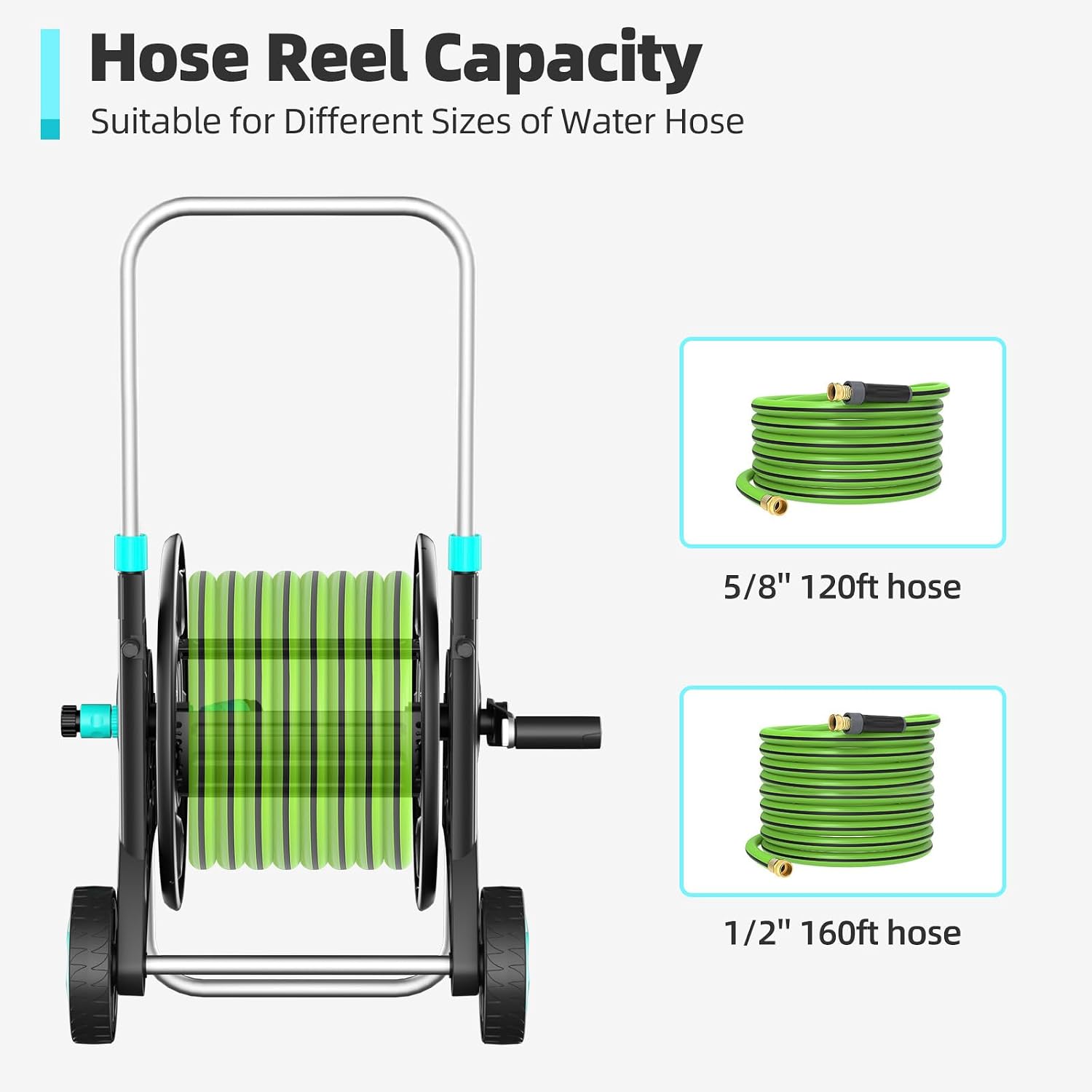 Garden Hose Reel for Outside,Hold Up to 100-120 ft of 5/8’’ Hose,Metal Hose Reel Cart with Adjustable Armrests and 2 Wheels,Durable Water Hose Holder for Garden, Yard, Lawn