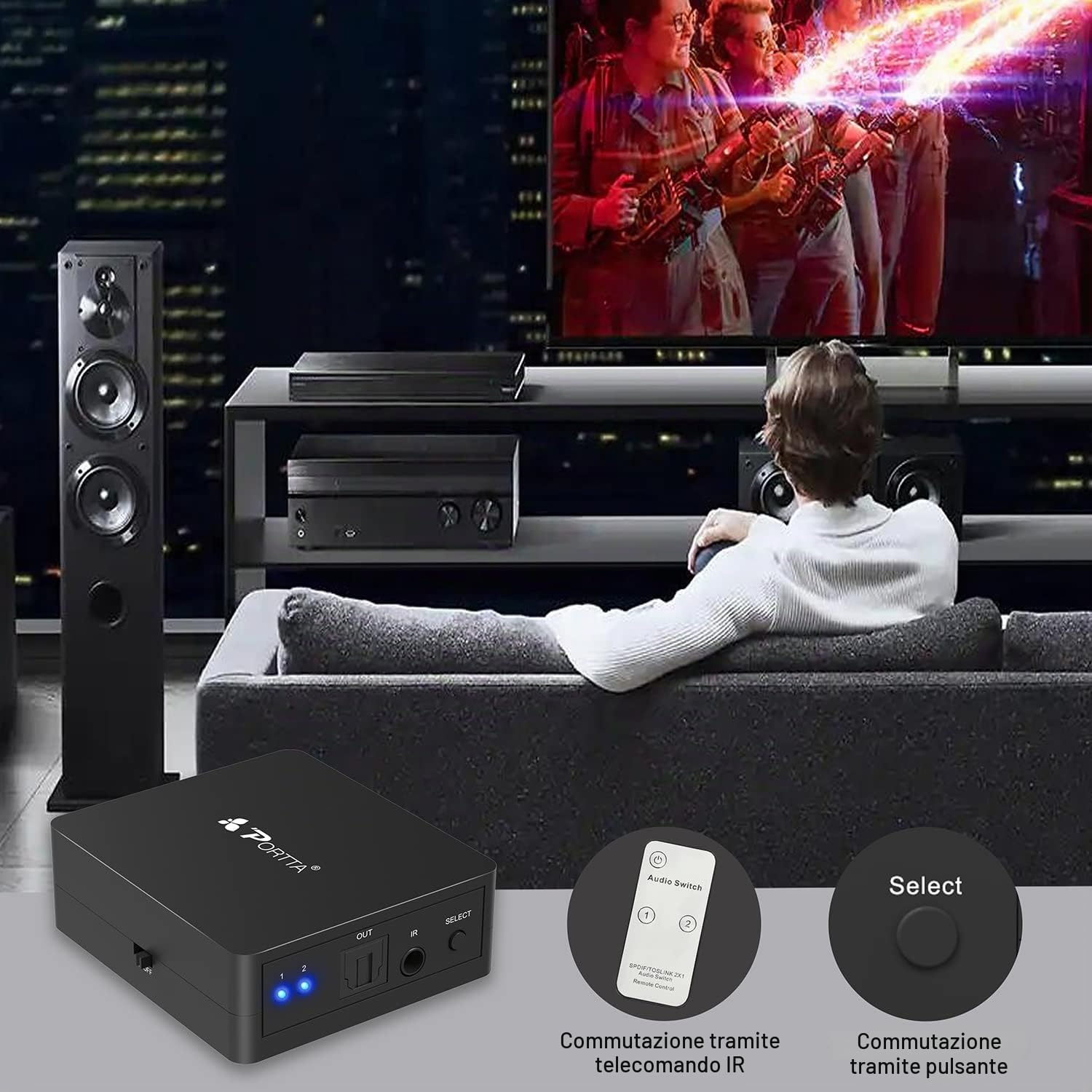 Portta Audio Switch SPDIF Toslink 2 Port 2 Ingressi 1 uscita Digital Optical Commutatore switcher con telecomando IR per PS3 DVD Player Amplificatore