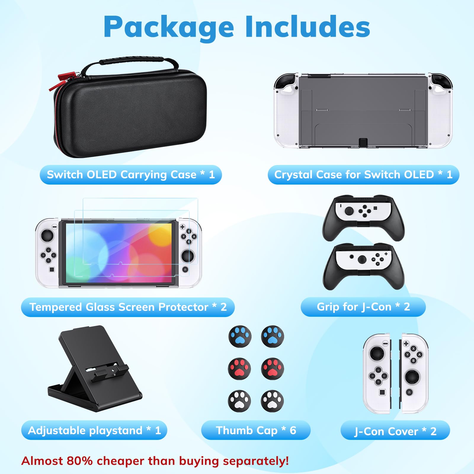 Younik Kit de Accesorios para Switch OLED, 15 en 1 con Estuche para Switch, Soporte Ajustable, 2 Protectores de Pantalla, 2 agarres y 2 Fundas Protectoras de TPU para los J-con