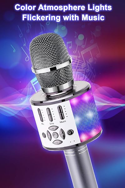 BONAOK Microphone Bluetooth sans Fil, Micro Enfants avec Lumières LED, Mini Machine Karaoké pour Fête/Maison/Anniversaire, Compatible avec Bluetooth iOS Android (Gris Sidéral) - 4